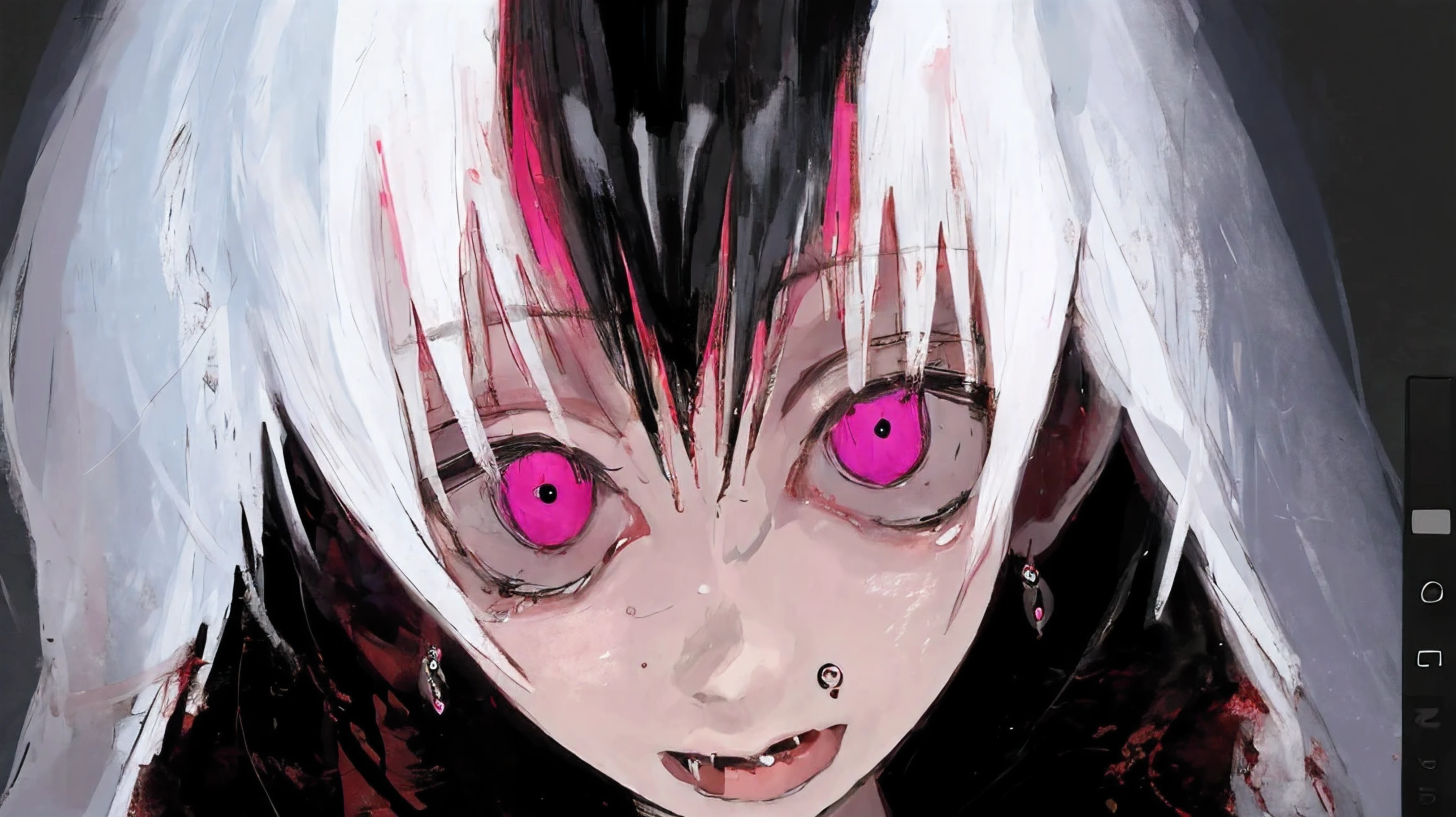 (masterpiece, best quality),(half body), 1 men, silver hair, green eyes , nude , white shirt , Throat, wet with sweat, Six pack, pink nipples, Insidious, Sharp-eyed, fierce eyes, canine teeth,