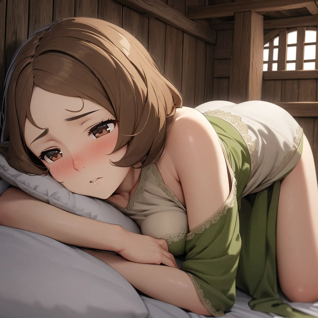 ((highest quality)), ((table top)), 1 girl,Detailed details,light brown hair,short head hair,big breasts,blue eyes,big breasts,full nude,big nipples,,Window with sunlight,lie down on the bed,birdie,flower,Warm,recuperation,sickly,Sleeping