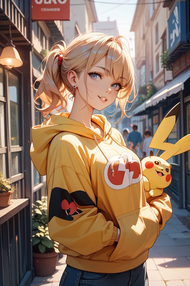 (absurderes,A high resolution,ultra - detailed),1girll, Pikachu's big ears ,Wavy blonde hair,long whitr hair,bluntbangs,with brown eye,red plaid skirt,Fine eyes and detailed face, Black shorts with Pikachu motif, extremely detailed CG unified 8K wallpaper,intricately details,Break,Kaleidoscopic image、Symmetrical pattern、vivd colour、geometric shapes、flattering design、optical illusions、Dynamic composition break、The art of pantomime、Expressive body language、Silent storytelling、Evocative gestures、Visual storytelling、Theatrical performances break free、flowers in full bloom、Colorful petals、Fragrant smell、Nature's gift,Vibrant garden,peaceful scenery