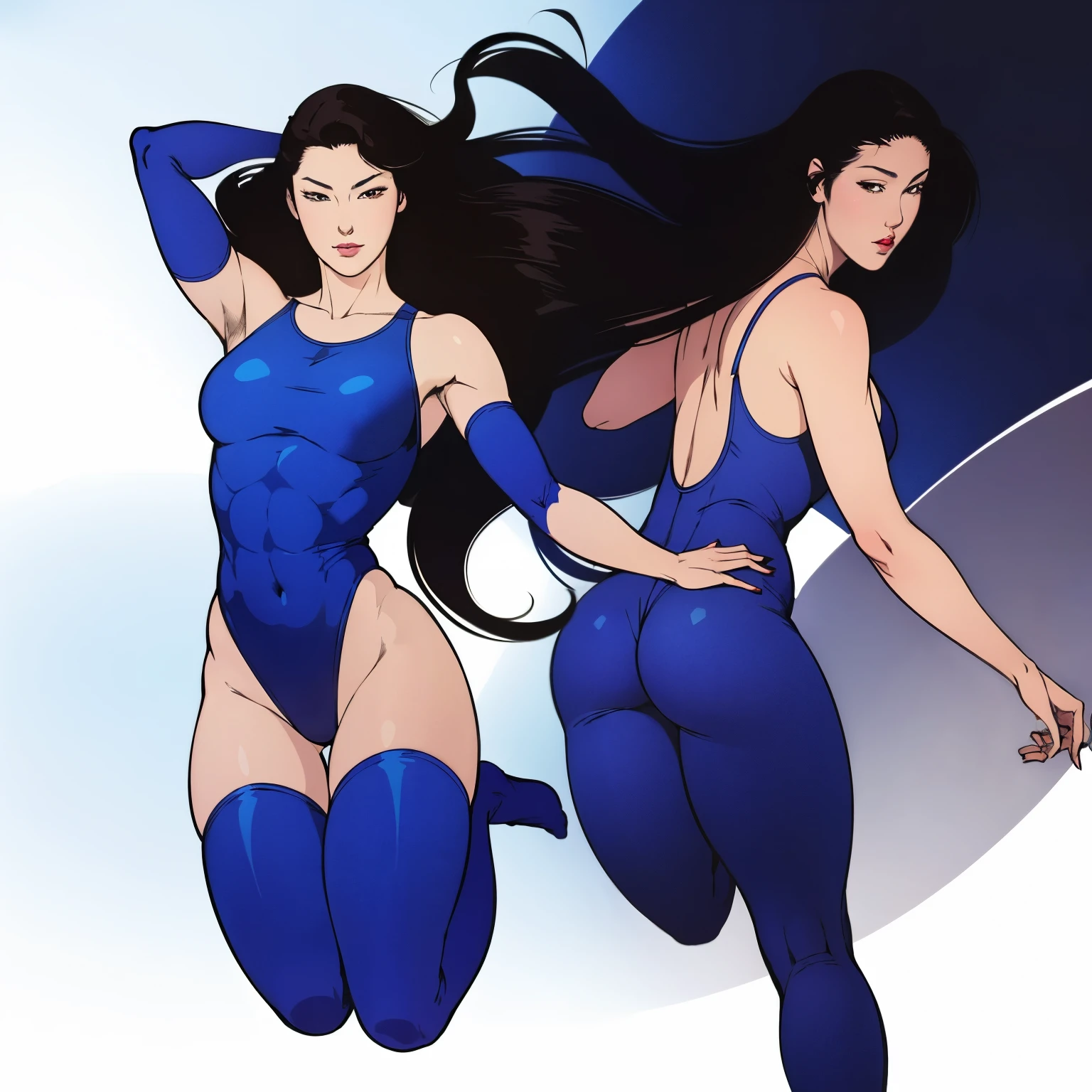 1 beautiful 18 year old girl, Hitomi Kisugi, long hair, black hair, eyelashes, brown eyes, light blue tight bodysuit, low cut chest, curvy body, beautiful body, posing