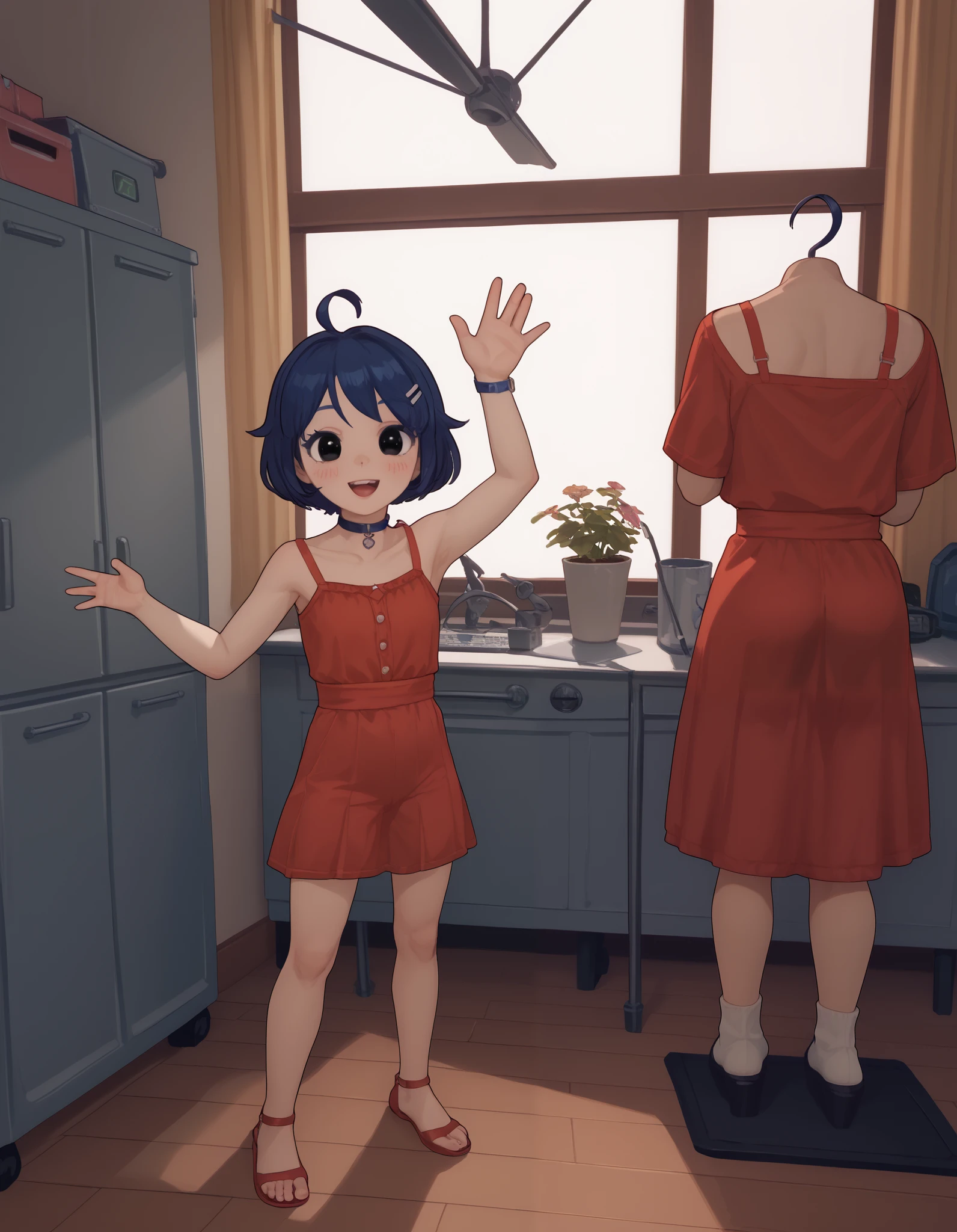 1 ,(), (dark blue hair), small, short, (change), cute smile, Blush, ( black eyes ),, 1, ahoge, 1 , red dress with blue and white details , masterpiece, best quality, 8k, high resolution, aesthetically pleasing, full Body, watching the spectator, standing, open legs, waving, waving arms, watching the spectator, white background, simple bottom, highly rendered , Body (finalized:1.3), watching the spectator, Expose, pelvic, butt visible through the thighs, alkemanubis, Oposmachine style , kittew, diathorn,upside down, kitten)