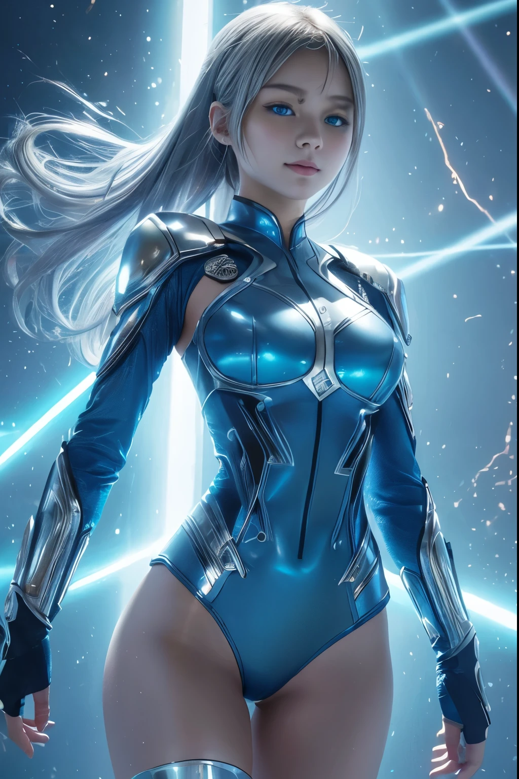 ((Best Quality, 8K, Masterpiece :1.3)), Lightning L'Éclair is a dynamic and sleek female hero known for her lightning-themed costume. She wears a high-tech bodysuit in vibrant shades of blue and silver, adorned with intricate lightning bolt patterns that flow along her suit. Her costume is designed for both speed and protection. Lightning L'Éclair's vibrant blue eyes sparkle with energy, and her short, platinum-blonde hair is styled for maximum aerodynamics. She wears sleek boots and gloves with lightning bolt accents, completing her electrifying look.