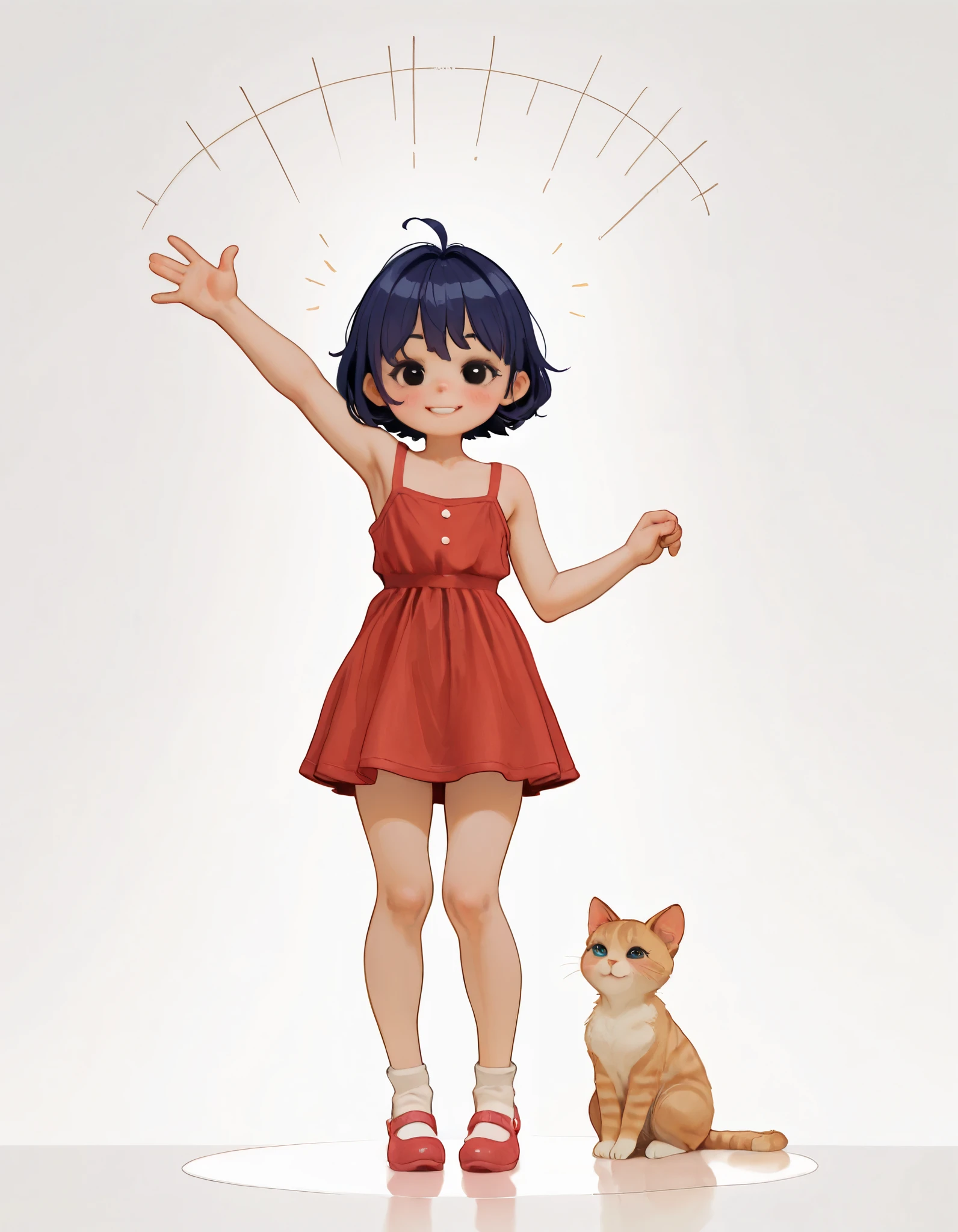 1 ,(), (dark blue hair), small, short, (change), cute smile, Blush, ( black eyes ),, 1, ahoge, 1 , red dress with blue and white details , masterpiece, best quality, 8k, high resolution, aesthetically pleasing, full Body, watching the spectator, standing, open legs, waving, waving arms, watching the spectator, white background, simple bottom, highly rendered , Body (finalized:1.3), alkemanubis, Oposmachine style , kittew, diathorn,upside down, kitten)