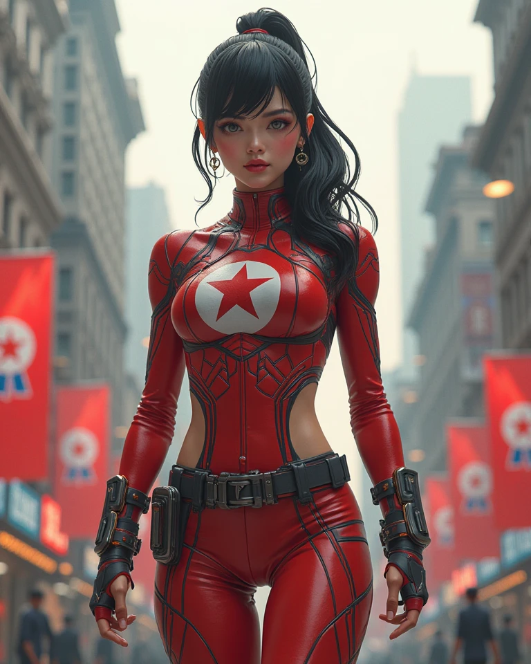 (masterpiece), best quality, expressive eyes, perfect face, a beautiful tan skin superhero woman wearing a superhero bodysuit, big breast, (tall building), (dusk), dark