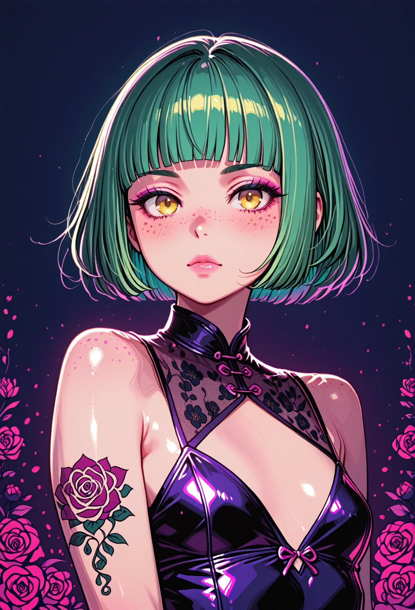 A mesmerizing surreal illustration of a young japanese woman. She has pastel green hair with blunt bangs, yellow eyes, sexy outfit with floral patterns. Freckles, shiny skin, colorful tattoos cover her arms and legs. The tattoos feature traditional Japanese motifs like flowers and mythical creatures, rendered with meticulous detail in a pastel color palette. The background is a vintage floral-patterned wallpaper that complements the artwork's colors. The artwork fuses modern illustration techniques with traditional Japanese aesthetics, resulting in a visually striking, portrait,