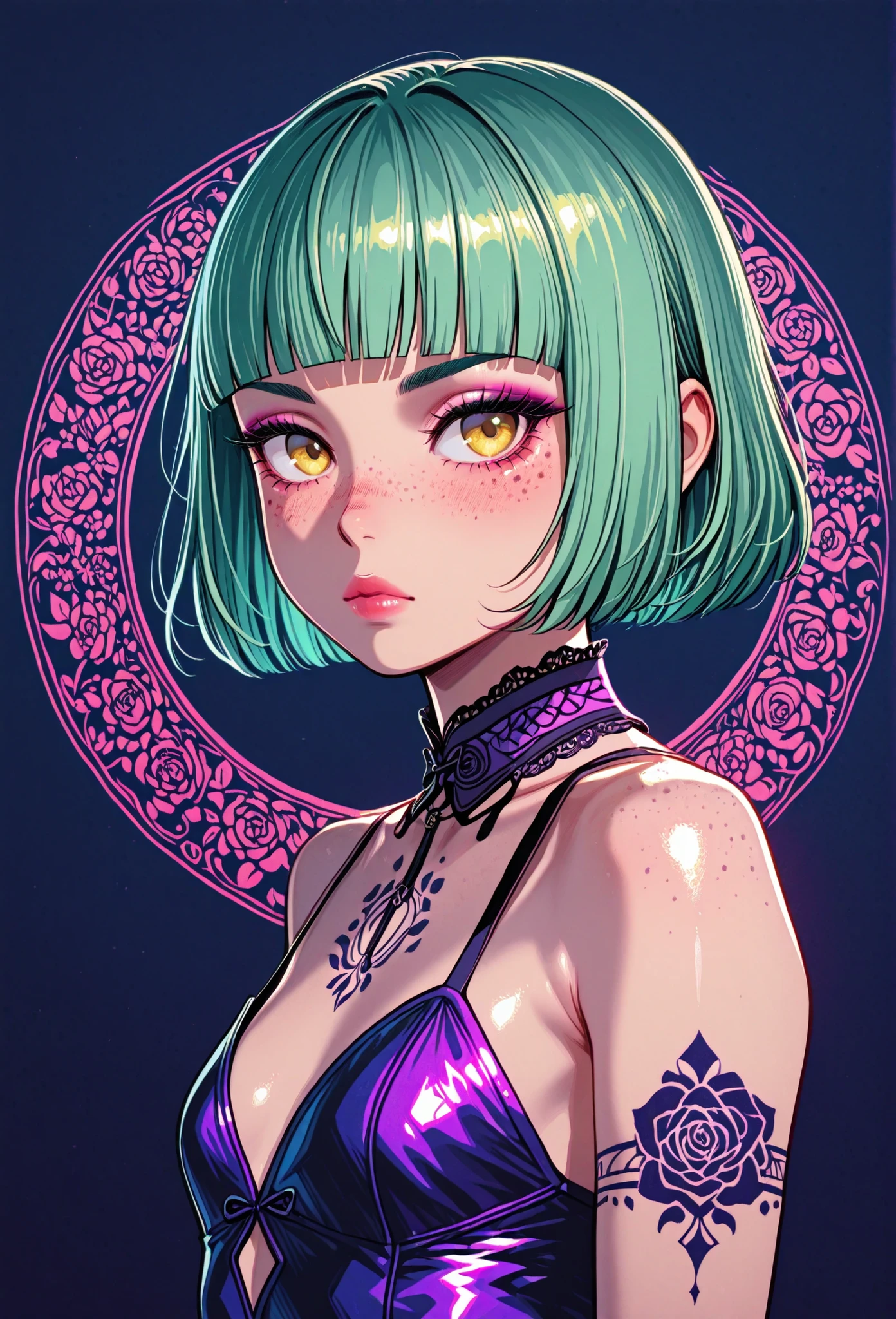 A mesmerizing surreal illustration of a young japanese woman. She has pastel green hair with blunt bangs, yellow eyes, sexy outfit with floral patterns. Freckles, shiny skin, colorful tattoos cover her arms and legs. The tattoos feature traditional Japanese motifs like flowers and mythical creatures, rendered with meticulous detail in a pastel color palette. The background is a vintage floral-patterned wallpaper that complements the artwork's colors. The artwork fuses modern illustration techniques with traditional Japanese aesthetics, resulting in a visually striking, portrait,