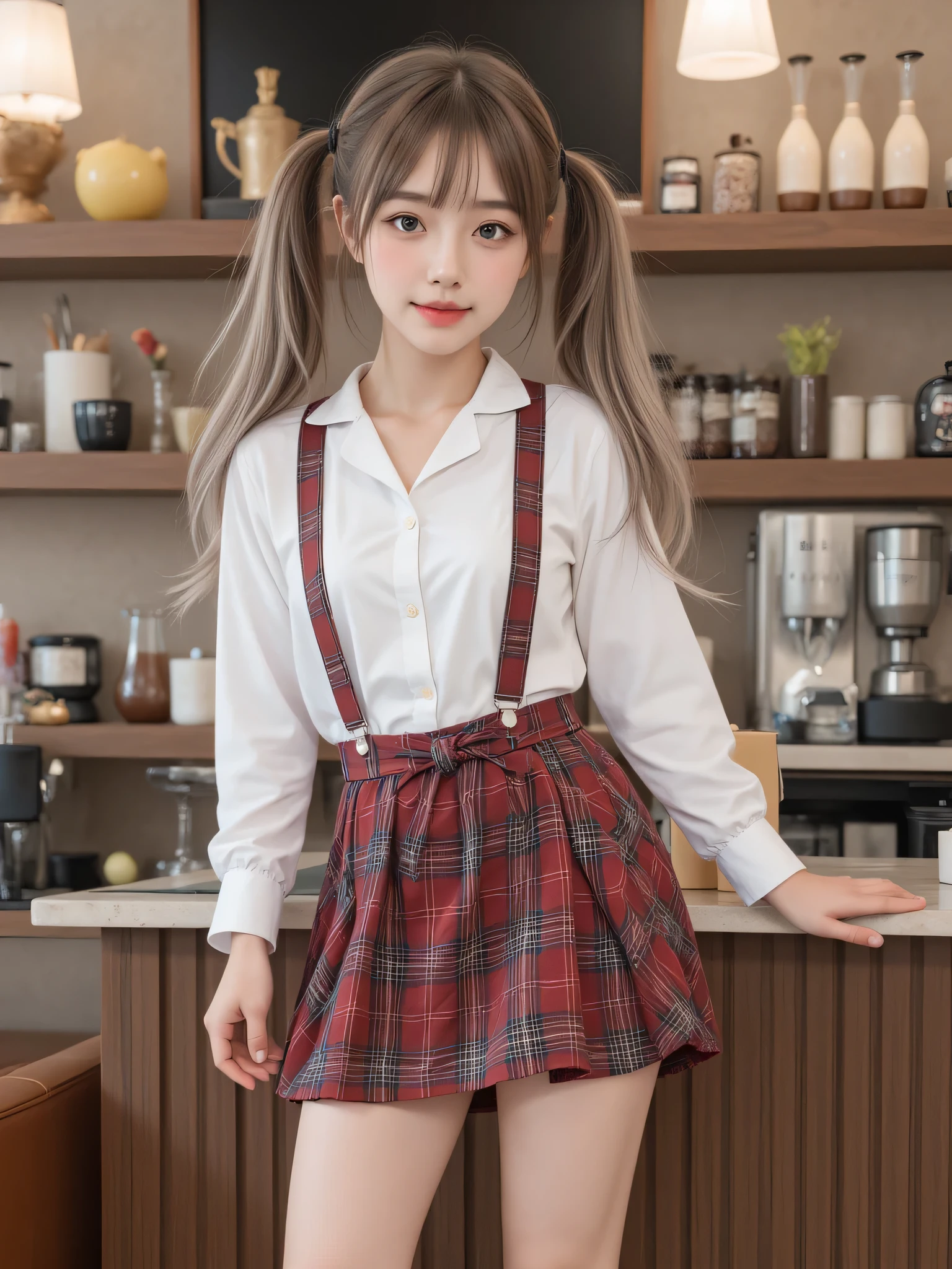 Highest quality, RAW photo, Ultra HD, 18-year-old Korean, beauty, big breasts:1.5, breast crack:1.5, healthy skin tone, fair and smooth skin, (twintails, Flowing hair), ((Light brown silver hair)), beautiful eyes in various colors, thin lips, beautiful eyes with fine details, light pink blush, long eyelashes, beautiful double eyelids, eye shadow, The girl is a Cafe waiter, (((Cafe waiter low cut uniform))), ((Unbuttoned shirt, suspenders plaid skirt)), moderate leg thickness, focus on the legs, standing, shoot the whole body, emphasize cleavage, masterpiece, best quality, super detailed, face camera, super detailed, practical, distinctive, very detailed, sharp focus , (((full body shot, medium shot))), perfect face shape, perfect eyes with perfect symmetry, perfect plump lips, flexible female form, film, light, super detailed, super practical, masterpiece, atmospheric, high resolution, dynamic, dynamic studio lighting, ((The girl is standing in (Super detailed cafes, Coffee utensils are displayed on the bar, and various desserts and coffee are placed on the table) The shop is crowded with customers background)), slightly leaning front with chest out, patient happy expression, straight bangs, blue eyes, nude, sexy Evoking expressions, ((low-cut Waitress uniform, Unbuttoned shirt, tight mini skirt)), (long twintails), multicolored hair, gradient hair, two-tone hair