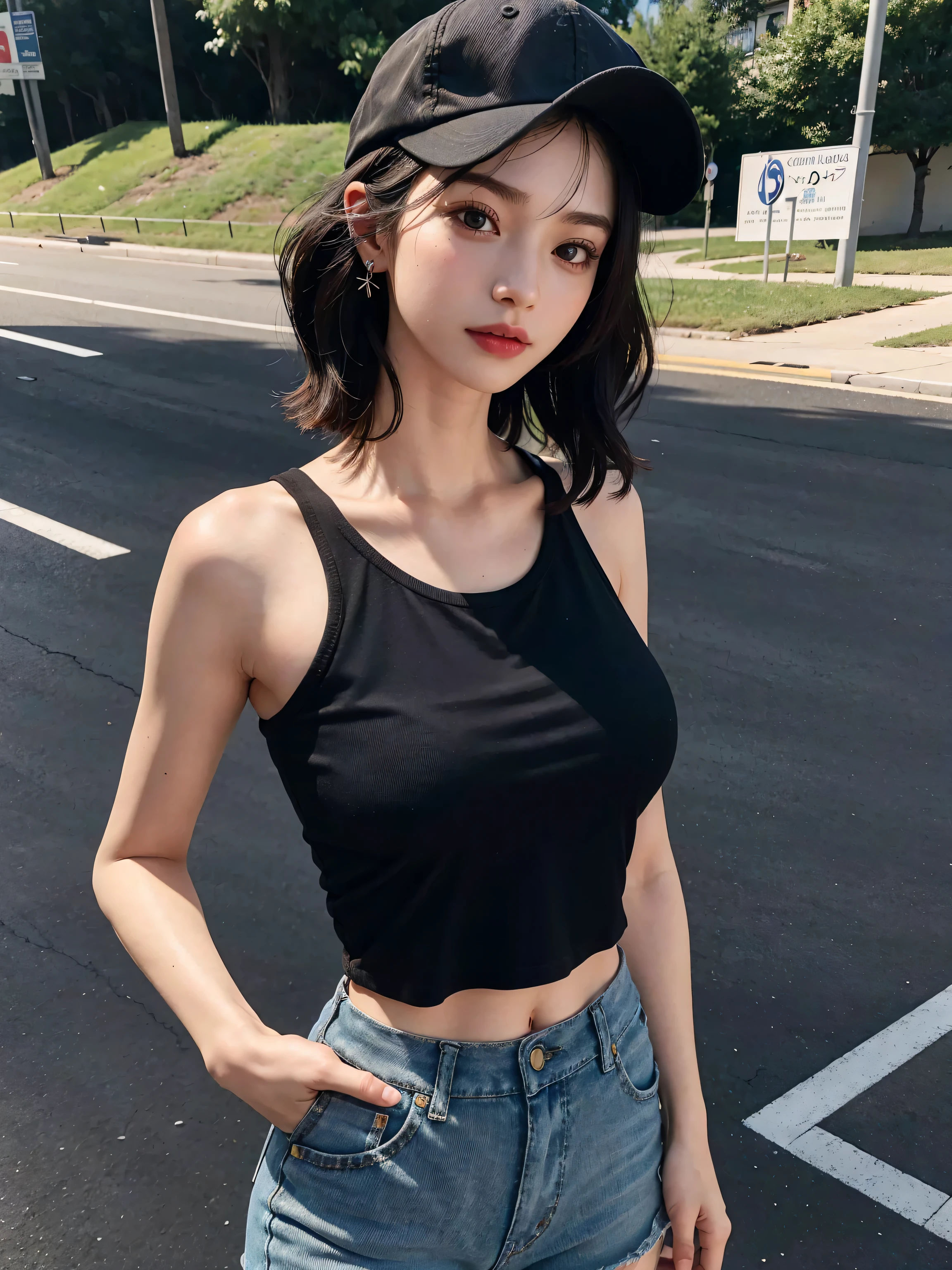 best quality, 1 Girl, dark blue hair, black eyes, Very short hair, Spiky hair, red down oversize t-shirt, High waist short jeans, 171 cm, Messy hair, Hair between the eyes, Medium breasts, full, Tomboy, aldult, 20 years old, 1 Girl near red down car