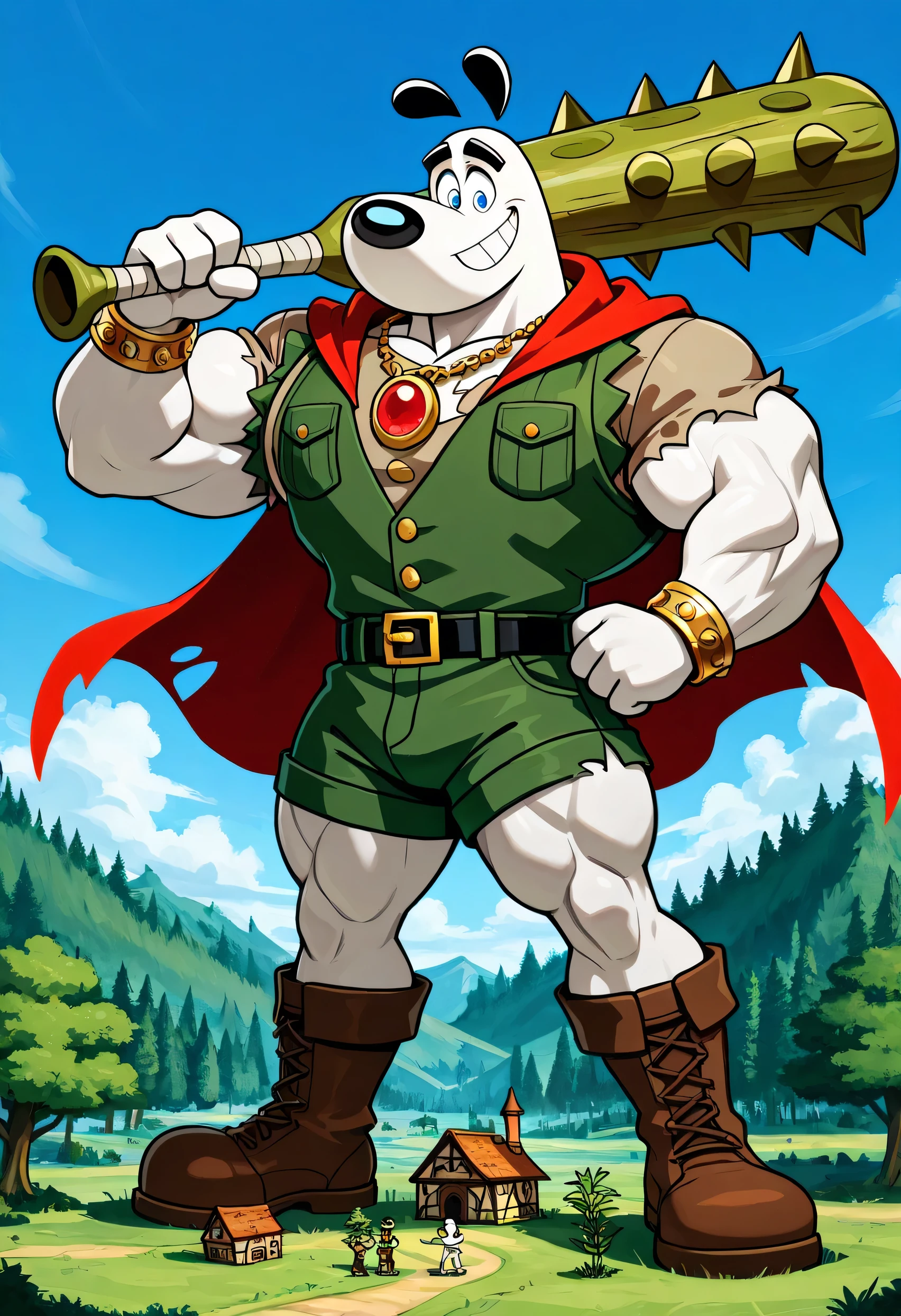 A Giant muscular dudley puppy (T.U.F.F Puppy), white dog, cartoon 2d style, giant, macro size, full body, muscular body, village and forest background, Masterpiece, best quality, high quality, detailed, Dudley Puppy, male, solo male, 1boy, broad shoulders, mature male, blue eyes, athletic build, muscular male, black ears, black eyebrows, animal ears, white body, big eyebrows, ripped dark brown shirt, ripped dark green vest, round snout, full body, ripped green shorts, black belt with gold jewels and keys, golden necklace with a red jewel, bigger golden bracelets with jewels, wearing a very long red cape, big feets, ripped brown boots, outdoors, looking down, smiling, macro size, 50 foot size, giant, holding a spiked bat, blue sky background, beanstalk plant in the clouds, village and forest background, fairytale fantasy scene.