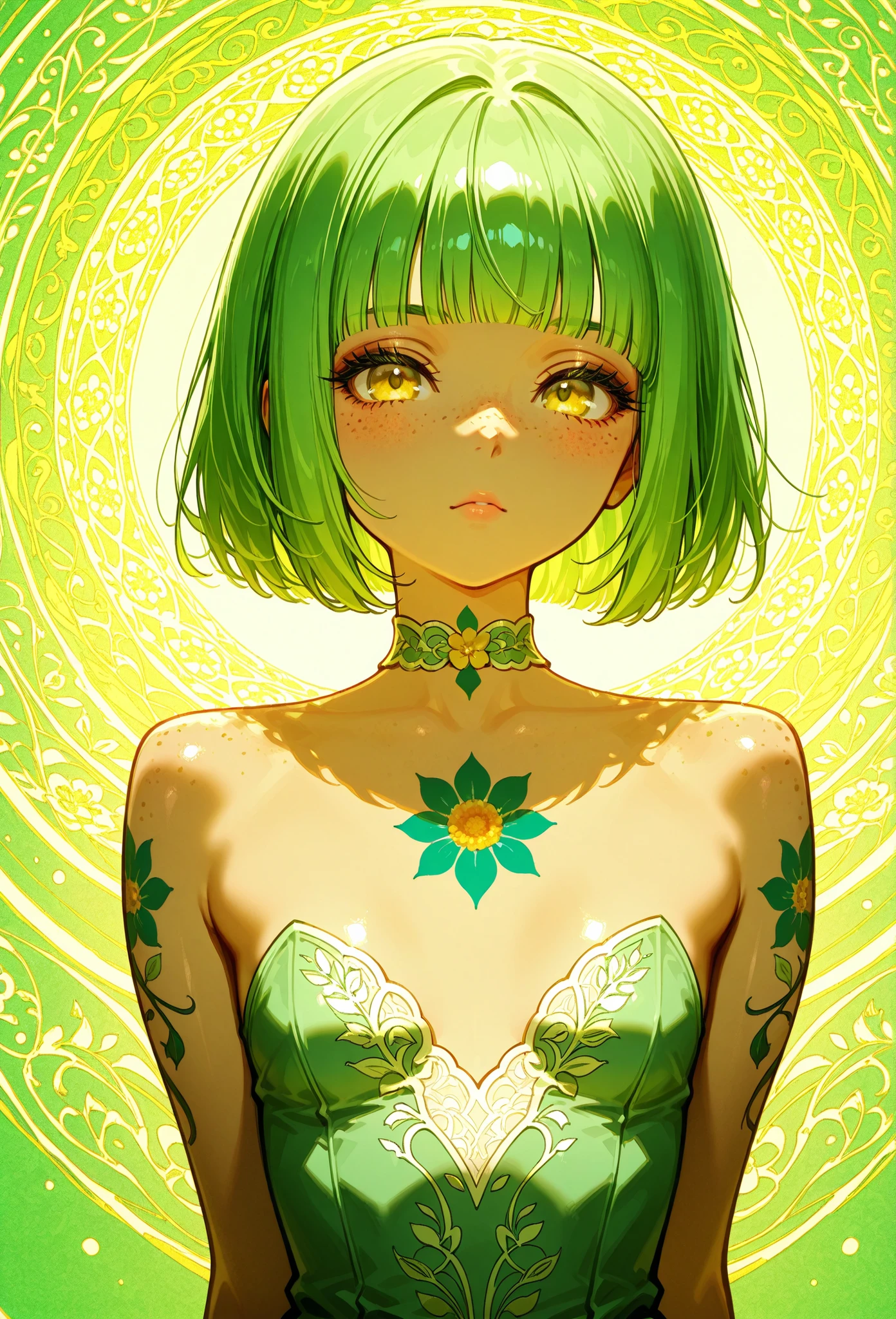 A mesmerizing surreal illustration of a young japanese woman. She has pastel green hair with blunt bangs, yellow eyes, sexy outfit with floral patterns. Freckles, shiny skin, colorful tattoos cover her arms and legs. The tattoos feature traditional Japanese motifs like flowers and mythical creatures, rendered with meticulous detail in a pastel color palette. The background is a vintage floral-patterned wallpaper that complements the artwork's colors. The artwork fuses modern illustration techniques with traditional Japanese aesthetics, resulting in a visually striking, portrait,