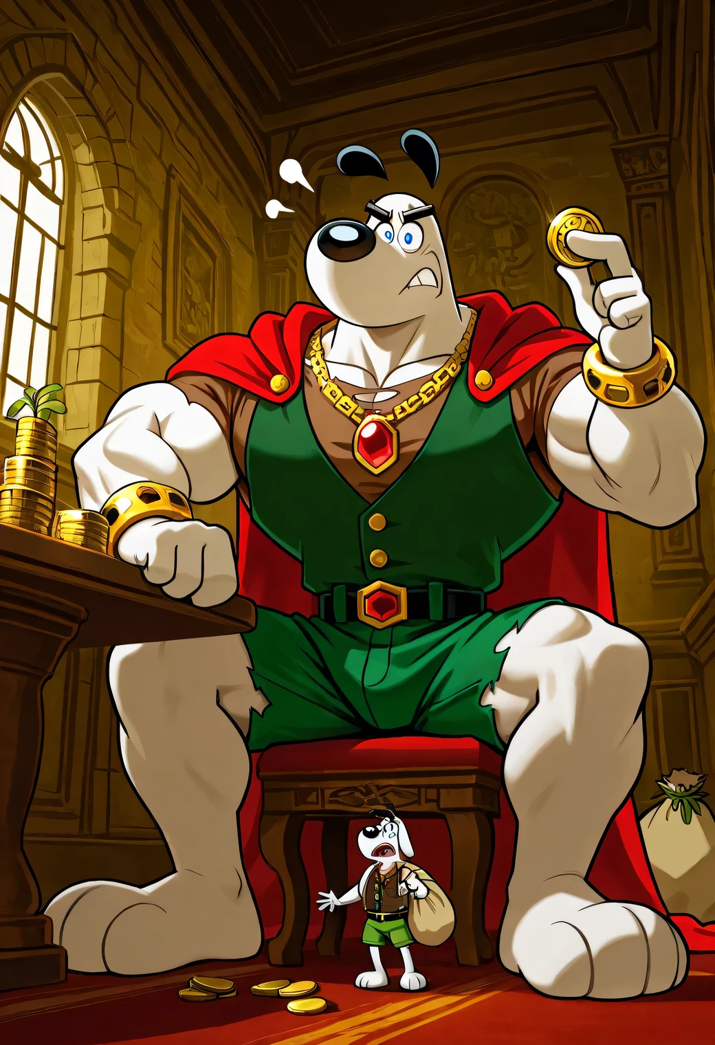Giant muscular dudley puppy (T.U.F.F Puppy), white dog, cartoon 2d style, giant, macro size, muscular body, castle interior background, Masterpiece, best quality, high quality, detailed, Dudley Puppy, male, solo male, 1boy, broad shoulders, mature male, blue eyes, athletic build, muscular male, black ears, black eyebrows, animal ears, white body, big eyebrows, ripped dark brown shirt, ripped dark green vest, 2 straps, black belt with gold jewels and keys, round snout, full body, ripped green shorts, bigger golden bracelets, golden necklace with a red jewel, a very long red cape, indoors, looking up, confused expression, angry expression, sniffing the air and saying fee-fi-fo-fum I smell a blood of a englishman, macro size, 50 foot size, giant, castle interior background, sitting on his chair, holding a bag of coins, a table with food and gold and jewels and silver and golden eggs, jack and the beanstalk scene, little person hiding on a cup, beanstalk on the window