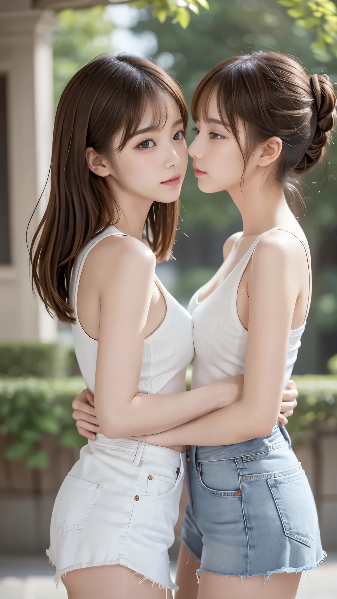 (( two girls kiss)), (denim mini skirt, white panties visible) , Beautiful breasts, thin thighs being updated, Slender body line drawing delicate eyes and face, perfect anatomy, (detailed hands:1.3, perfect right hand:1.2), (( transcendental cute face、 idol face、)), (detailed eyes and face:1.2, professional photography techniques), Top Quality、best image quality、greatest masterpiece、reality、Ultra High Definition, (Detailed arms:1.3, Perfectly correct arm:1.2)