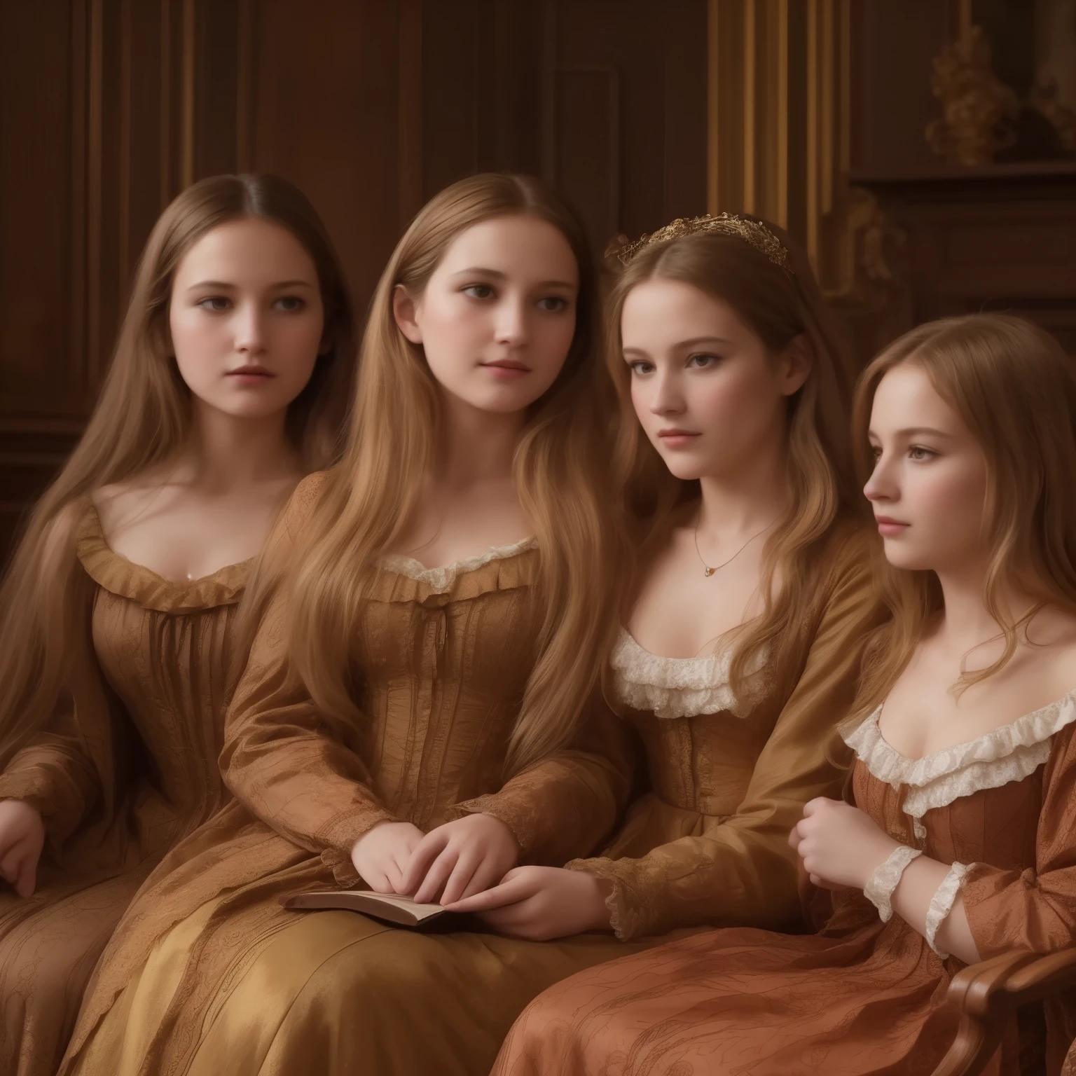A warm, golden light illuminates a cozy parlour setting in the Victorian era. Three normal young girls, dressed in frilly, high-necked gowns and puffed sleeves, sit together on a plush armchair. The eldest, with curly brown locks, holds a worn leather-bound book, while her companions, sporting matching blonde ringlets, gaze up at her with admiration. The backdrop is a rich, dark wood paneling, adorned with ornate mirrors and intricately carved furniture. Soft, gentle shadows dance across the scene as the girls' laughter and whispers fill the air.