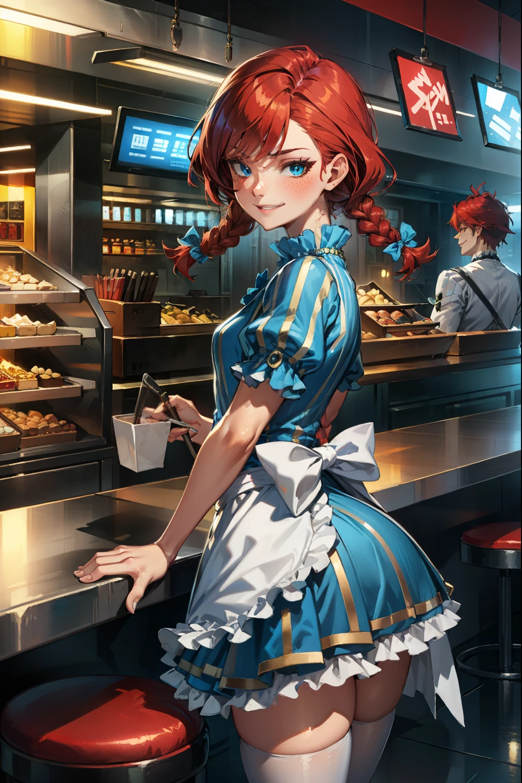 zzwendy, red hair, blue eyes, winking at Viewer, happy, smug,