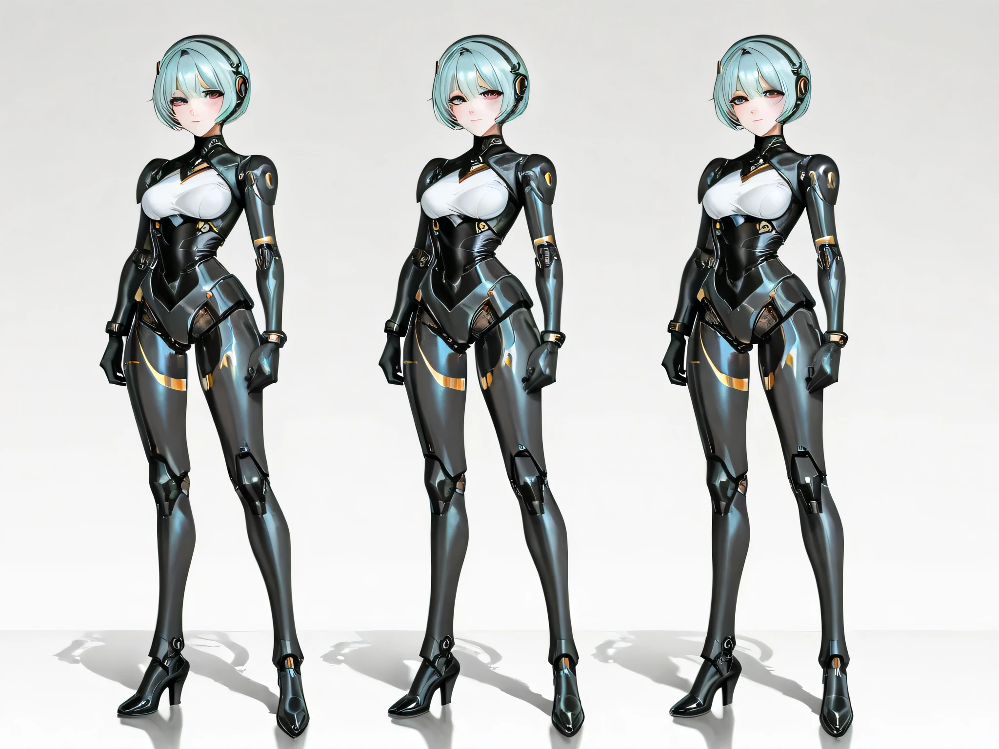 (masterpiece、highest quality、highest resolution、clear_image、detailed details、Angle from above): (full body figure、One 20 year old girl、Japanese faces、small face、Slender、Navy blue super short bob cut hair、(hidden small breasts:1.3)、sparkling blue eyes、Shiny pilot suit in blue and black colors、armor that protects the chest、tight fitting clothes、clothes that cover the whole body、shiny clothes、tight fit pants、hide the skin、very delicate and beautiful、detailed skin、hide thighs、hide your butt、cute type、gentle smile、soft expression、heroine、headset、Knee-high boots、gloves up to the elbow、eye level shot、facing directly、woman on a spaceship)