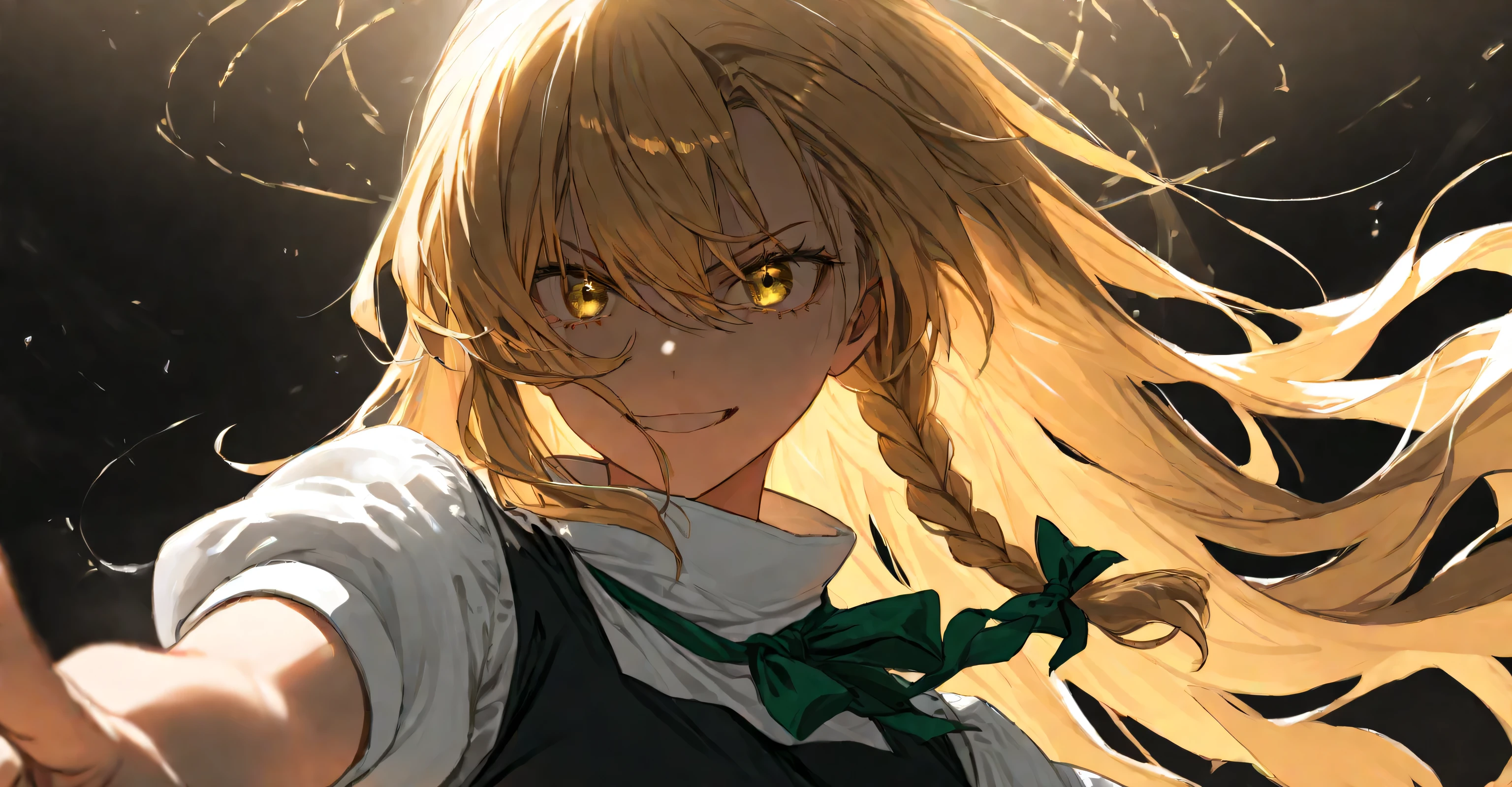 Kirisame Marisa、golden hair、golden eyes、 subtle yet dramatic lighting effects ,dark atmosphere、 beautiful and delicate eyes,best quality、illustration drawn from a viewpoint a few meters away。solo。 illustration from the front。Illustration that emphasizes the eyes。belligerent eyes 、, open your eyes and smile at 、Open your eyes and smile。the magic circle is drawn in the eye。 illustration from the front。I'm standing and pointing one hand in this direction。the magic circle is spread out countless times in the background。