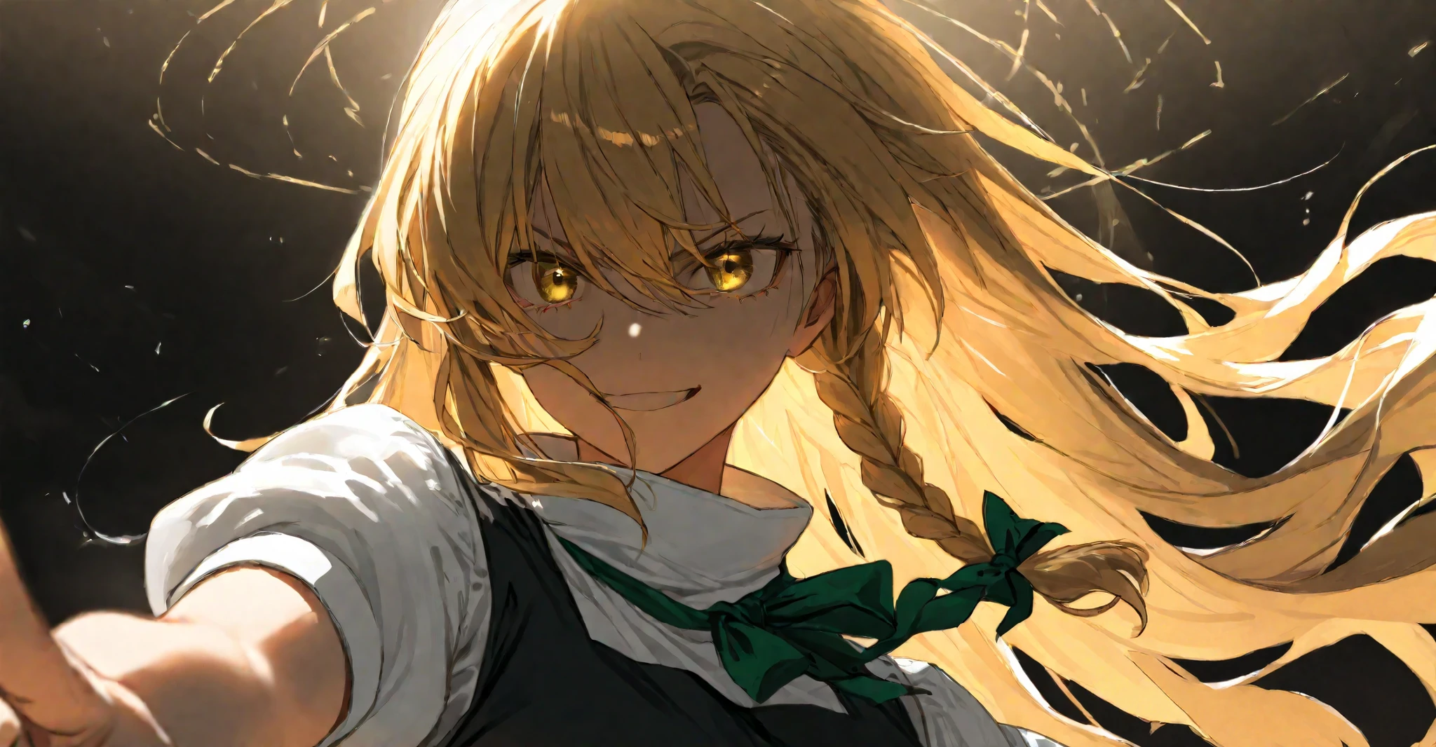 Kirisame Marisa、golden hair、Golden Eyes、subtle yet dramatic lighting effects,dark atmosphere、beautiful and delicate eyes,best quality、illustration drawn from a viewpoint a few meters away。solo。 illustration from the front。Illustration that emphasizes the eyes。belligerent eyes 、, open your eyes and smile at 、Open your eyes and smile。the magic circle is drawn in the eye。 illustration from the front。I'm standing and pointing one hand in this direction。the magic circle is spread out countless times in the background。