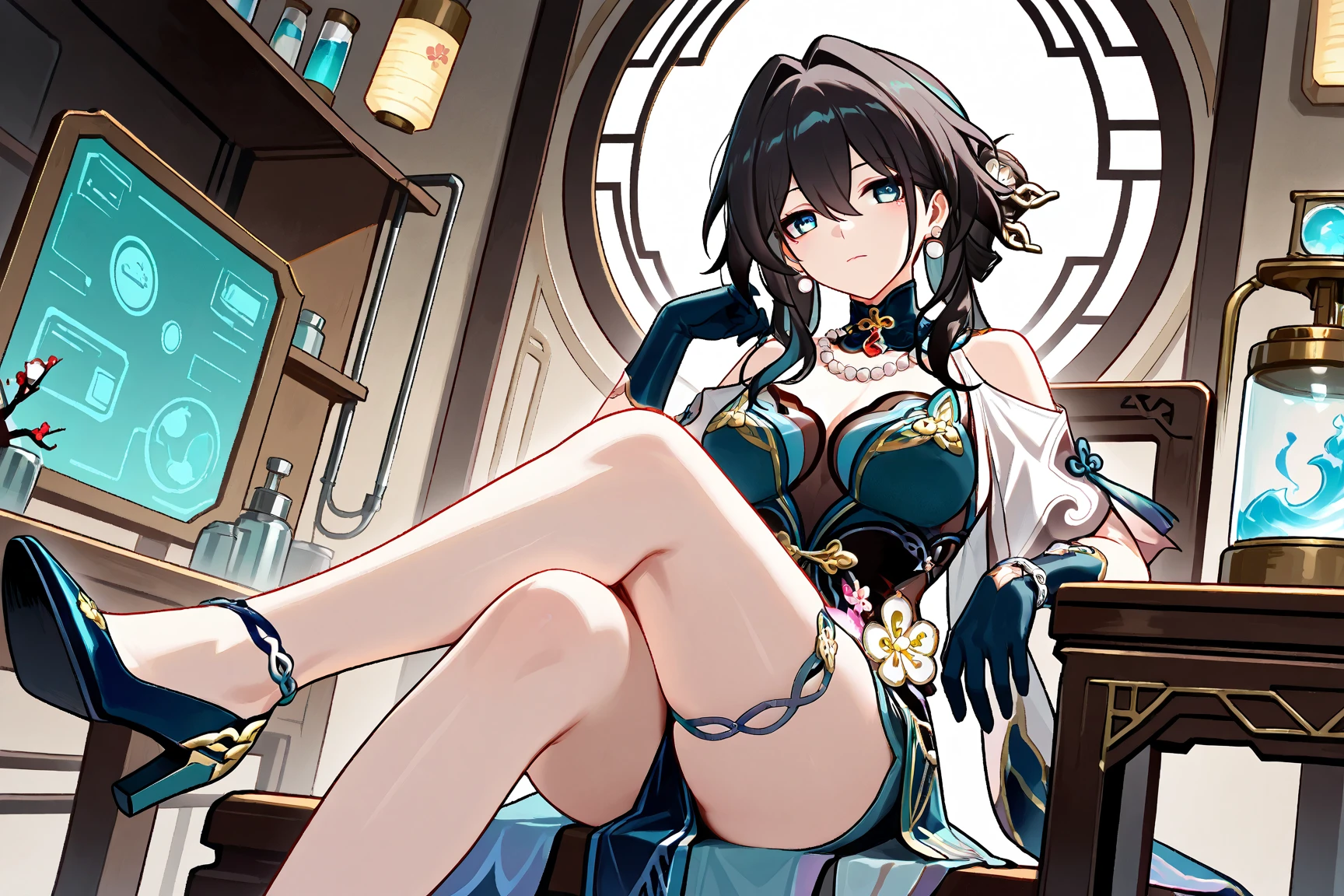 1girl, solo, (masterpiece, best quality:1.4), extremely detailed face, perfect lighting, tingyunhsr, green eyes, hair between eyes, ponytail, animal ears, fox tail, jewelry, dress, cleavage, bracelet, clothing cutout, cowboy shot,lift one's legs,toes,both feet,