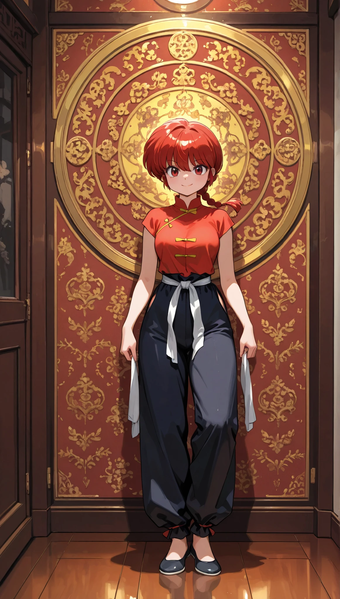 (alone:1.3), girls\(Ranma, Anime Protagonist\(Ranma1/2\),beautiful, sexy, Group ed red hair, Red Eyes, 赤いChinese clothes, smile, Ranma saotome, Group , red hair, single Group , Group ed ponytail, Red Eyes, pants, Chinese clothes, sleeveless t-shirt with good wrapping, Dynamic Action Kung Fu , purple eyeshadow ).end\( パンダのRanma , Simple Chinese Design \). break .quality\(8k,極めて詳細なCGユニットの wallpaper, high image quality , top-quality, top-quality real texture skin, Surrender , increase resolution , RAW photo, best quality, very well detailed, wallpaper, golden ratio , Highly Saturated Realism , bright color , dramatic lighting, compelling stories , Convincing Images , intricate details , Strong emotions, Dream World \),( dynamic angle :1.4),full body,standing,in front,