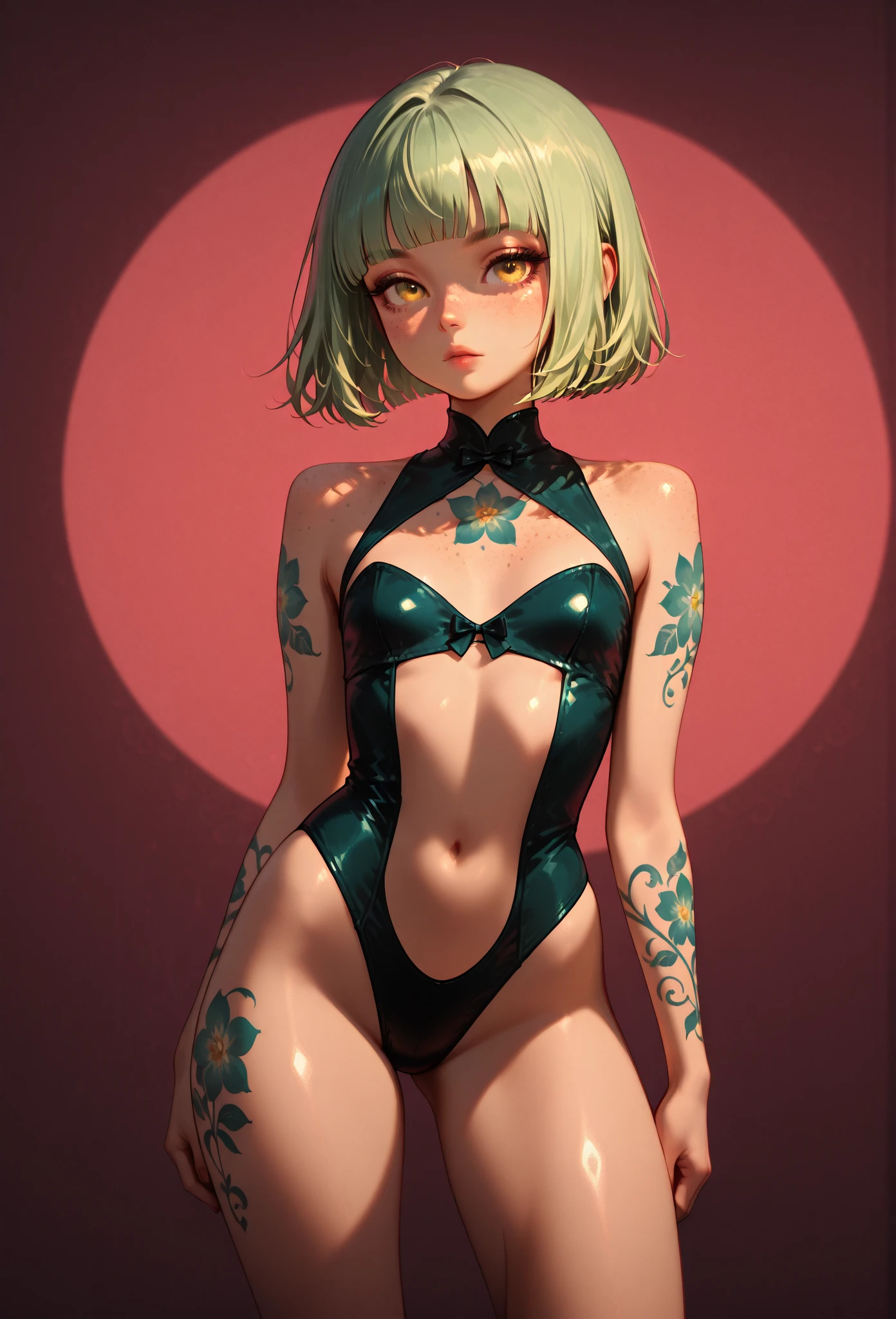 one-piece swimsuit,<lora:Ðдежда кÑпалÑник кÑеÑÑ Ð½Ð° кÑеÑ(one-piece swimsuit):1>,<lora:ÑаÑÑмаки ванпаÑмен(tatsumaki):0.8>,tatsumaki, green hair, small breasts,flat, 1girl, in full growth, best quality, masterpiece, good quality