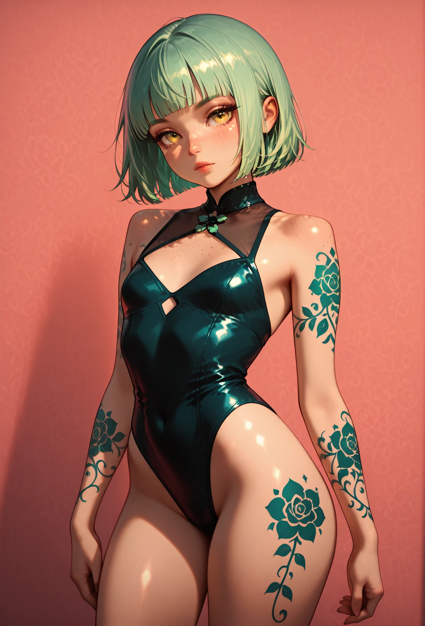 beauty, green pixie cut, blue eyes, amorous and lewd face, make-up, covered in tattoos, great proportion, sitting on a cosmic ray that has come out of a black hole, shading effects, gradation magic effects, foggy filter effects, glitter effects, (ultra detailed, absolutely resolution, best quality:1.3), 2.5D, delicate and dynamic, artistic photography, hyper realistic, graphic CG digital art