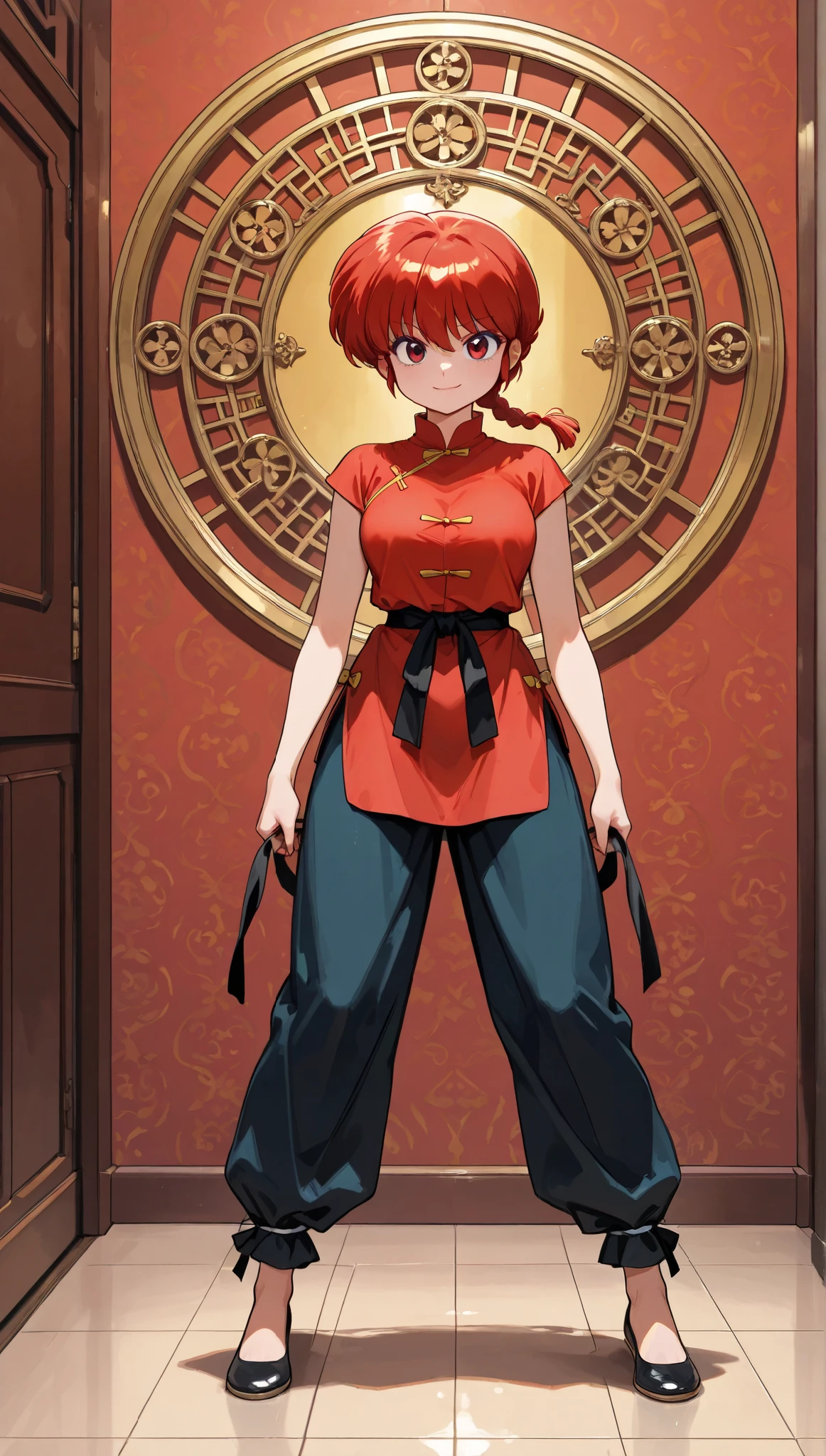 (alone:1.3), girls\(Ranma, Anime Protagonist\(Ranma1/2\),beautiful, sexy, Group ed red hair, Red Eyes, 赤いChinese clothes, smile, Ranma saotome, Group , red hair, single Group , Group ed ponytail, Red Eyes, pants, Chinese clothes, sleeveless t-shirt with good wrapping, Dynamic Action Kung Fu , purple eyeshadow ).end\( パンダのRanma , Simple Chinese Design \). break .quality\(8k,極めて詳細なCGユニットの wallpaper, high image quality , top-quality, top-quality real texture skin, Surrender , increase resolution , RAW photo, best quality, very well detailed, wallpaper, golden ratio , Highly Saturated Realism , bright color , dramatic lighting, compelling stories , Convincing Images , intricate details , Strong emotions, Dream World \),( dynamic angle :1.4),full body,standing,in front,