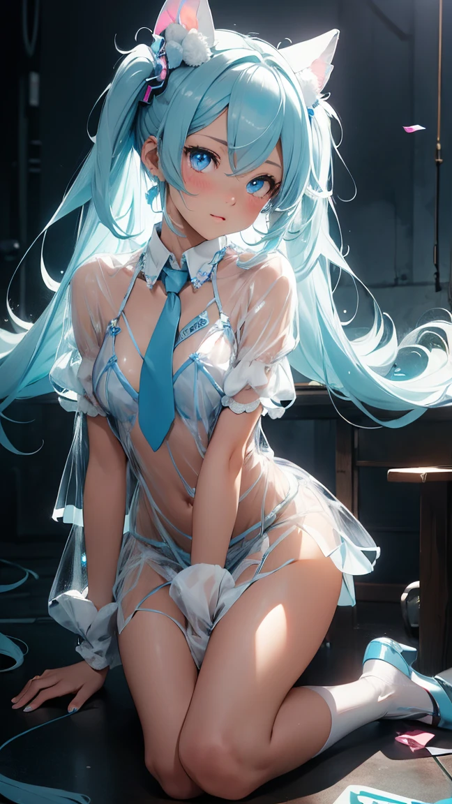 see through,Beautiful and fair、Radiant Skin, 3 Up, Gorgeous, bright, Refreshing and gentle expression, Perfect beautiful face、Beautiful shiny bangs, A very beautiful 17 year old girl, Eyeliner, Very perfect eyes,Very large breasts,Grooves reveal original skin,Muscular body,White lace underwear,Hatsune Miku,Kindergarten teacher