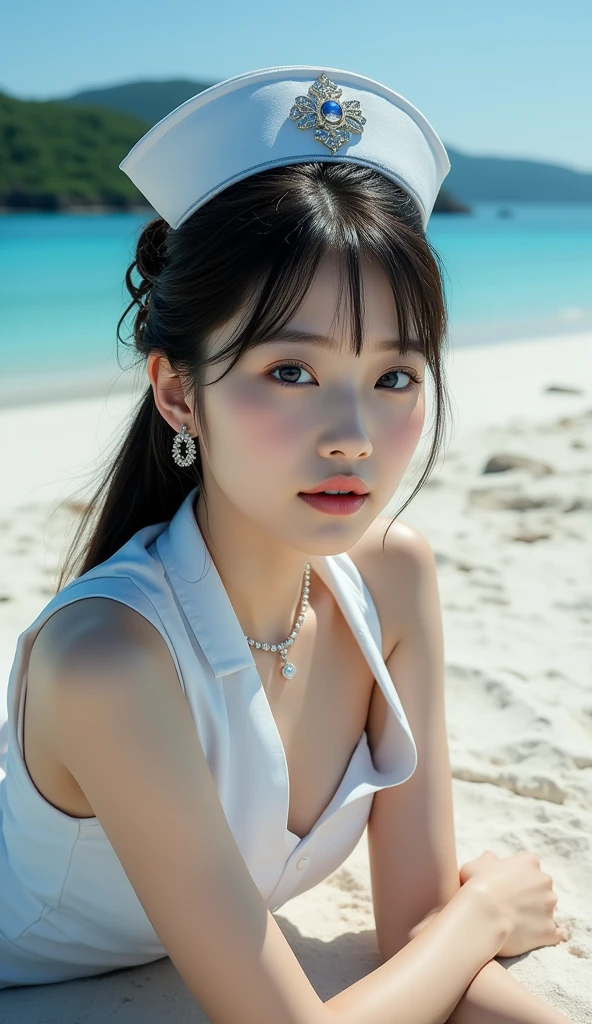 aespaWinter, cowboy shot,((RAW)), 8K, sony, F2.4, 35mm, (eye contact), natural lighting, (exquisitely detailed skin),physically based rendering,  ultra highres, (realistic, photo realistic:1.3), (film grain),(necklace, earrings), depth of field,(best quality, masterpiece:1.4) ,black hair, ((makeup)) , beach, white one piece dress <lora:aespawinter-v2:0.8> <lora:aespaWinter_aespaWinterV1:0.3>