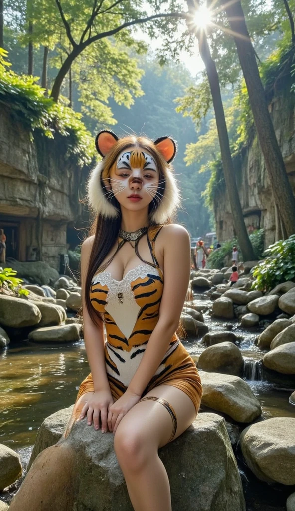 niji、eyesgod、venusbody、(Jungle Adventure:1.5)、In the mangrove forest(Running with motion blur effect)、Wearing a black dress_A woman like a leopard:1.9、Surprised expression、Photographed from the front、Cowboy Shot、Lush tropical foliage、Dramatic lighting、Cinematic composition、Very detailed、Photorealistic、8k、masterpiece