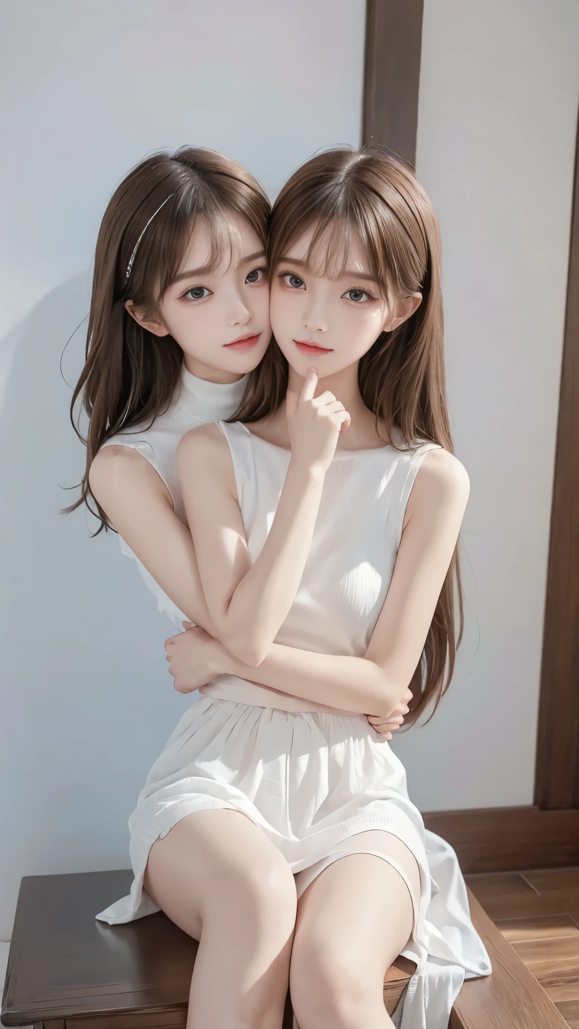 (While sitting at an athletic, Two beautiful girls kiss while sitting at an athletic:1.3), denim mini skirt, (( Panchira)) , thin thighs being updated, Slender body line drawing delicate eyes and face, (perfect anatomy:1.3), (detailed hands:1.3, perfect right hand:1.2), (( transcendental cute face、 idol face、)), (detailed eyes and face:1.2, professional photography techniques), Top Quality、best image quality、greatest masterpiece、reality、Ultra High Definition、( detailed legs:1.3, thin thighs being updated, beautiful feet),