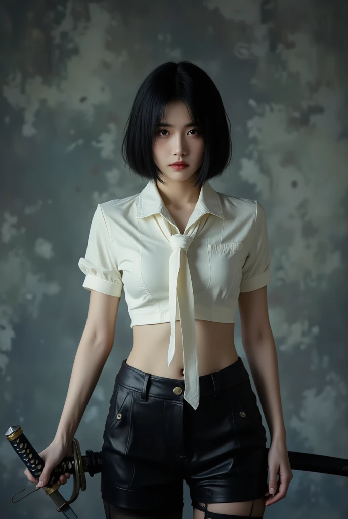 A girl with ((greeneyes)), ((short straight black hair))  ((black eye makeup)) eyeliner pencil is wearing a black rock shirt with a gothic skirt with black fishnet stockings, is standing in a small room the wall is covered with flyers advertising shows, She has raised eyebrows giving her an angelic appearance, Gothic style