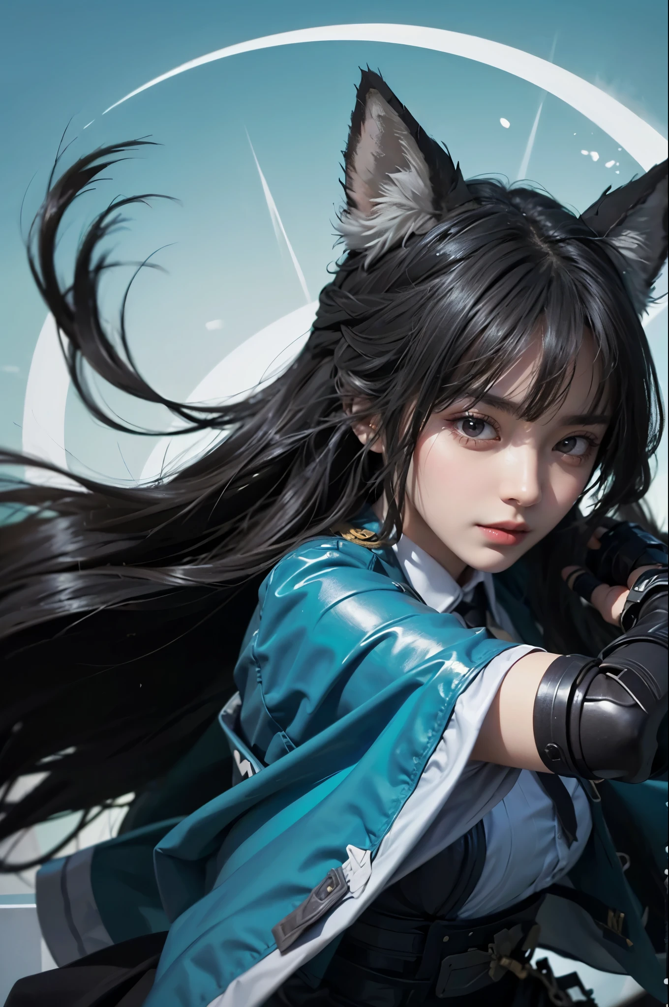 1girl, high res, highly detail, masterpiece, best quality, Miyabi Hoshimi, blue aura, blue slash, sword slash, attack pose