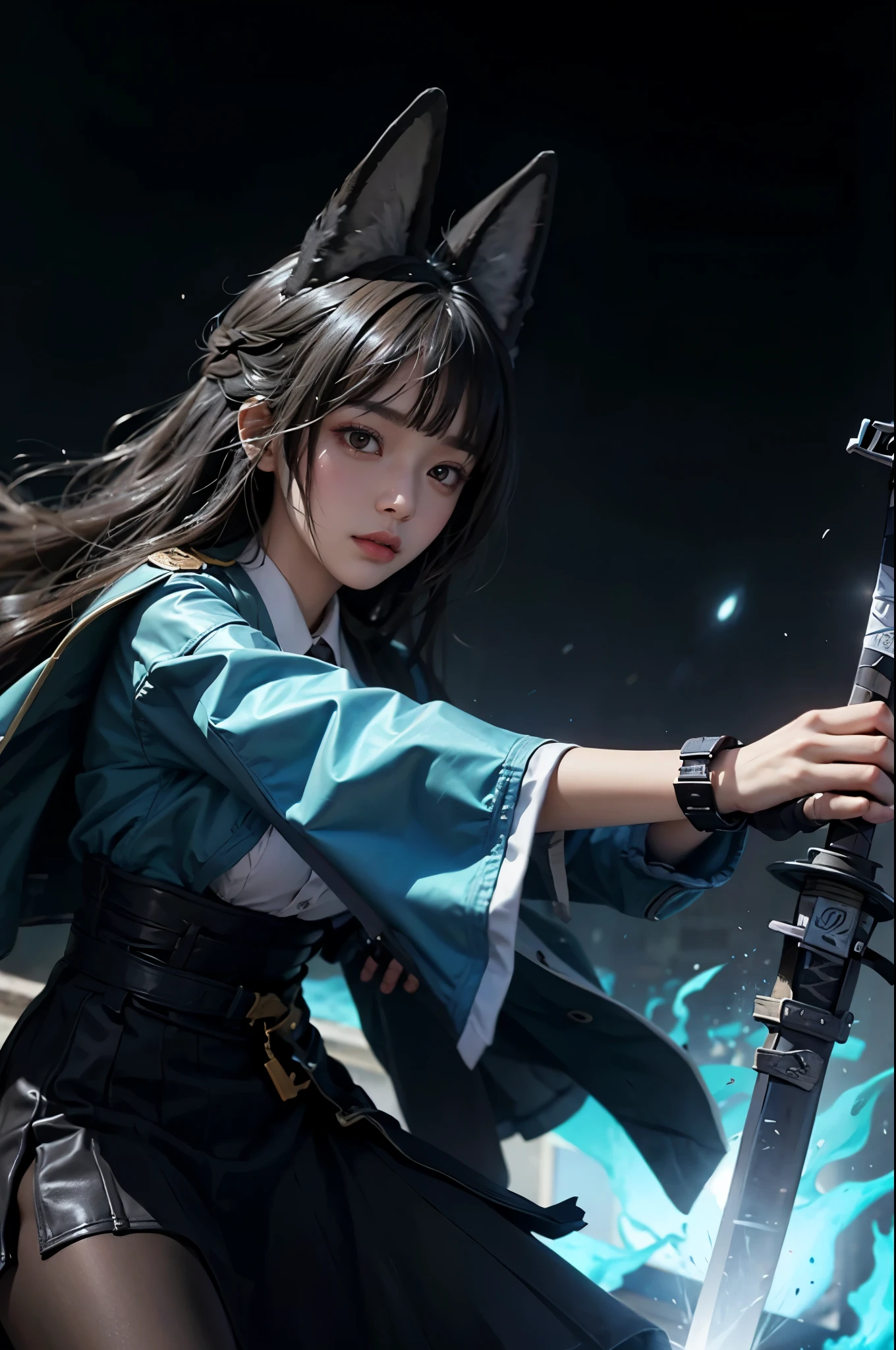 1girl, high res, highly detail, masterpiece, best quality, Miyabi Hoshimi, blue aura, blue slash, sword slash, attack pose