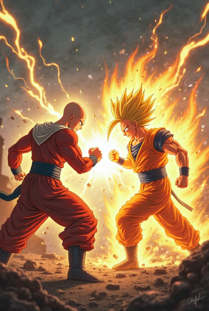 Generates an image of Saitama fighting Goku