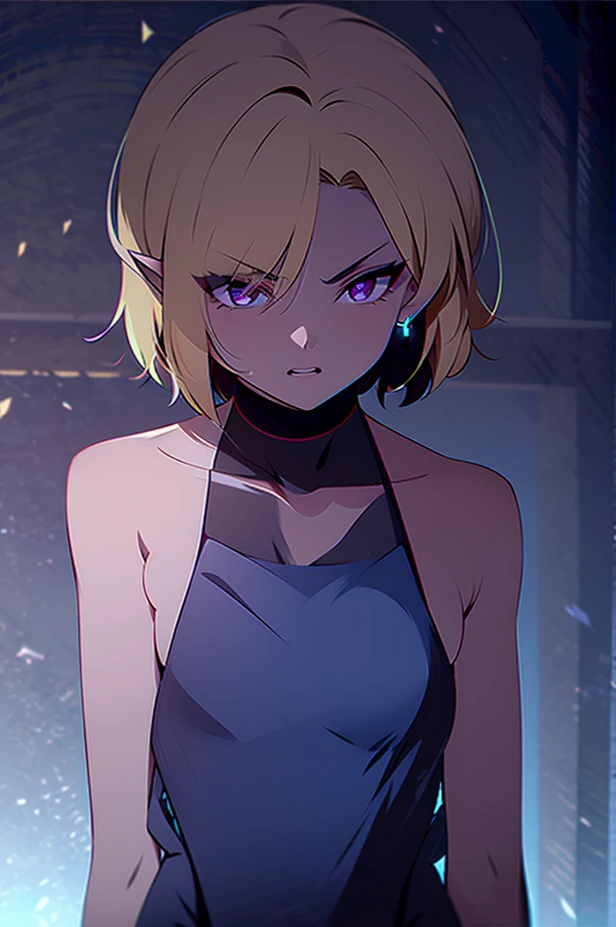A beautiful introverted European boy wearing a short light plunging dress, thigs, high detail face, high detail skin, small size breasts, 8k, HDR, high resolution, photo-realistic, cinematic lighting, depth of field, bokeh, rim lighting, backlit, cool colors, night, 8K