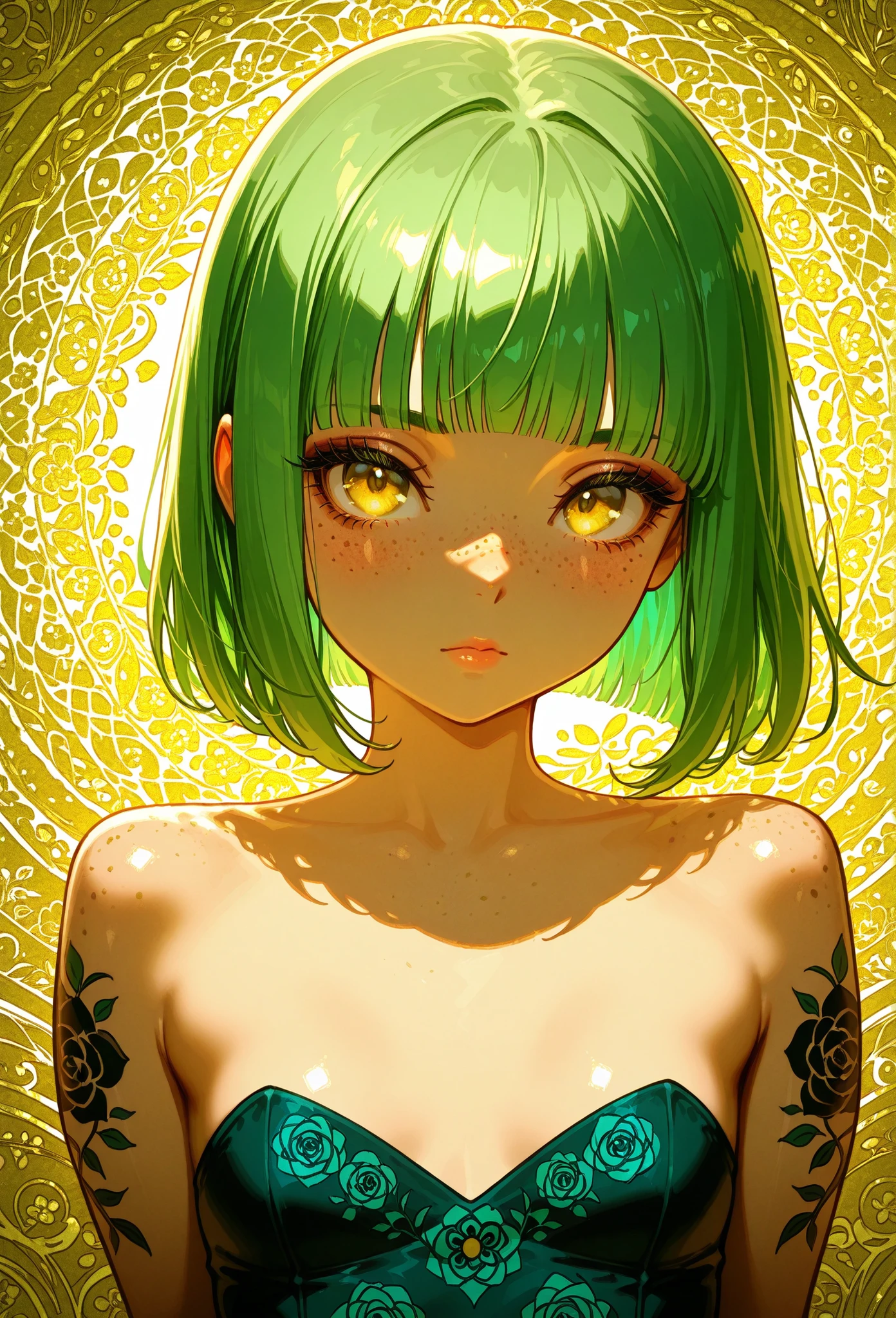 A mesmerizing surreal illustration of a young japanese woman. She has pastel green hair with blunt bangs, yellow eyes, sexy outfit with floral patterns. Freckles, shiny skin, colorful tattoos cover her arms and legs. The tattoos feature traditional Japanese motifs like flowers and mythical creatures, rendered with meticulous detail in a pastel color palette. The background is a vintage floral-patterned wallpaper that complements the artwork's colors. The artwork fuses modern illustration techniques with traditional Japanese aesthetics, resulting in a visually striking, portrait,