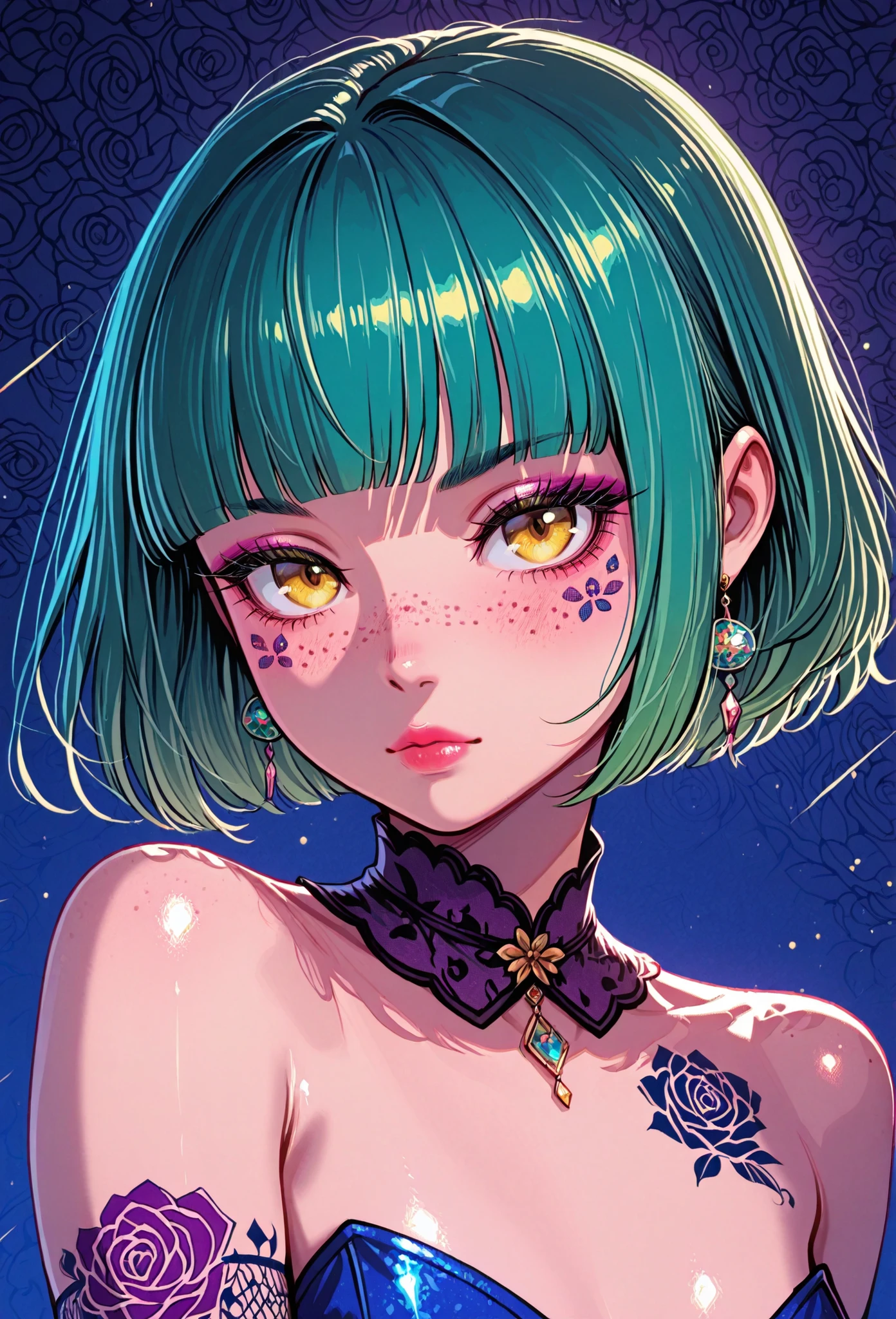A mesmerizing surreal illustration of a young japanese woman. She has pastel green hair with blunt bangs, yellow eyes, sexy outfit with floral patterns. Freckles, shiny skin, colorful tattoos cover her arms and legs. The tattoos feature traditional Japanese motifs like flowers and mythical creatures, rendered with meticulous detail in a pastel color palette. The background is a vintage floral-patterned wallpaper that complements the artwork's colors. The artwork fuses modern illustration techniques with traditional Japanese aesthetics, resulting in a visually striking, portrait,