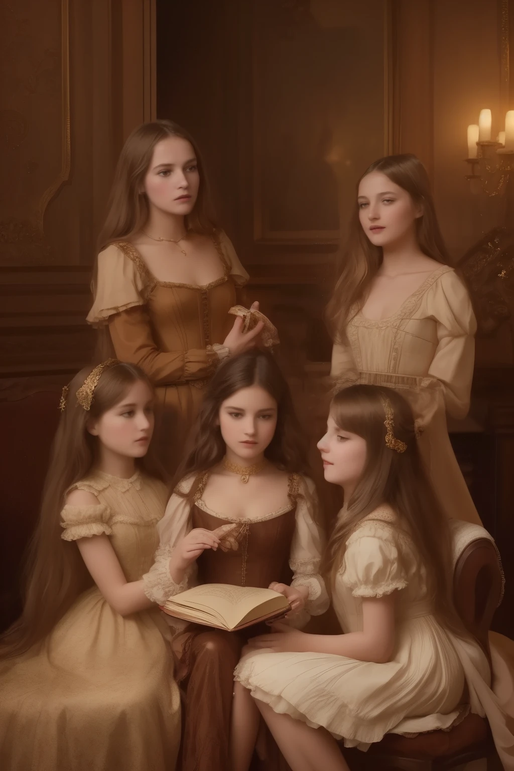 A warm, golden light illuminates a cozy parlour setting in the Victorian era. Three normal young girls, dressed in frilly, high-necked gowns and puffed sleeves, sit together on a plush armchair. The eldest, with curly brown locks, holds a worn leather-bound book, while her companions, sporting matching blonde ringlets, gaze up at her with admiration. The backdrop is a rich, dark wood paneling, adorned with ornate mirrors and intricately carved furniture. Soft, gentle shadows dance across the scene as the girls' laughter and whispers fill the air.