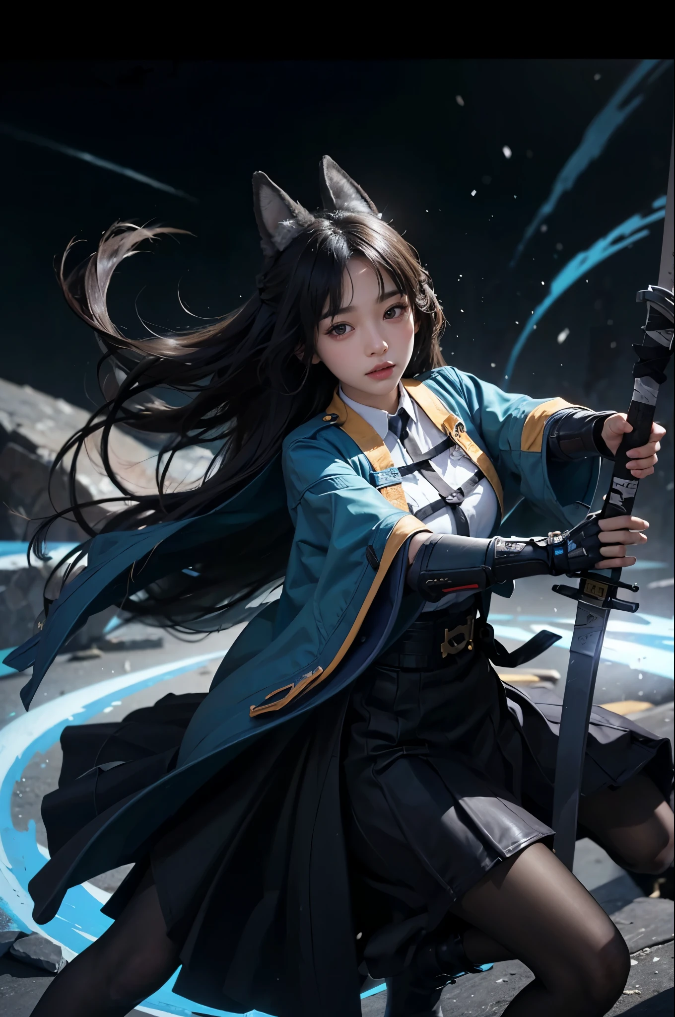 1girl, high res, highly detail, masterpiece, best quality, Miyabi Hoshimi, blue aura, blue slash, sword slash, attack pose