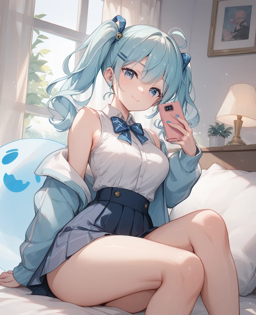 girl,((selfie:1.3)),Casual winter clothes that show cleavage,hat,((small breasts)),smile,close up of face,可愛らしいgirlの部屋,stuffed toy