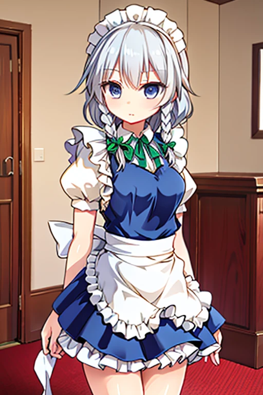 (High resolution:1.2), Absurd, (Highest quality:1.2), Highest quality, break 
(Detailed face,1.2), Perfect Face, (Detailed eyes:1.2), Glowing Eyes, break 
(Smooth Skin:1.2), Glowing Skin, break 
1girl, alone, break 
izayoi Sakuya, sakuya1, break 
maid, View your viewers, thin, break 
grey hair, Low Twin Blade, short hair, Hair between the eyes, blue eyes, Maid&#39;s Headdress, break 
small breasts, Thighs, break 
frilled dress, Made Upon, Frill apron, Waist apron, puffy short sleeve, Green ribbon, Thighsストラップ, garter belt, Wrist cuff, break 
standing, Skirt Lift, break 
in room, break 
seductive smile