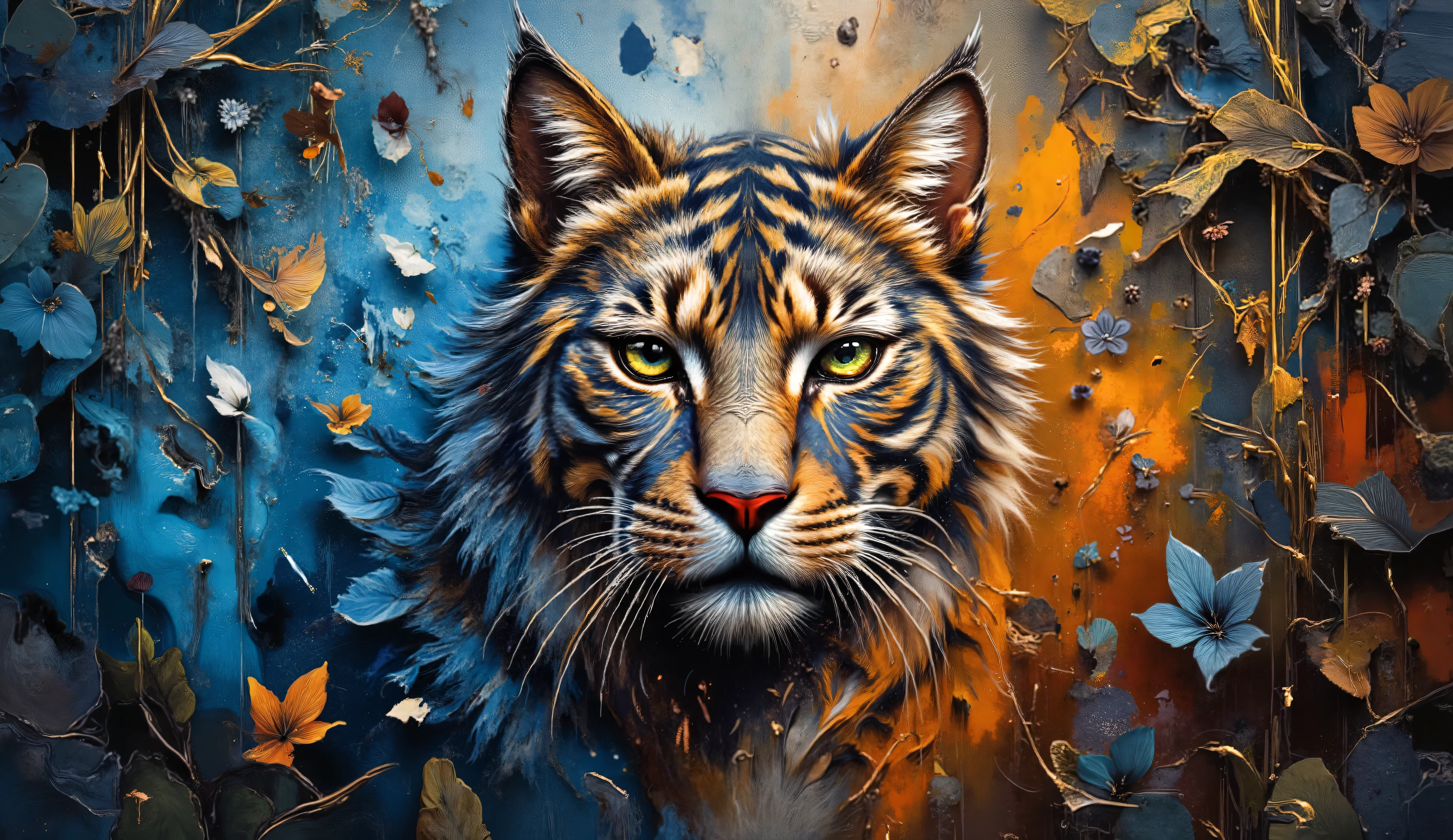 dreamlike digital portrait of a cat with piercing sapphire eyes amid a magical fantasy realm, swirling abstract patterns in luminous blue, amber and tangerine hues flowing like liquid across the composition,double exposure with magical lights and golden filigranas giving the magical sense to the image.