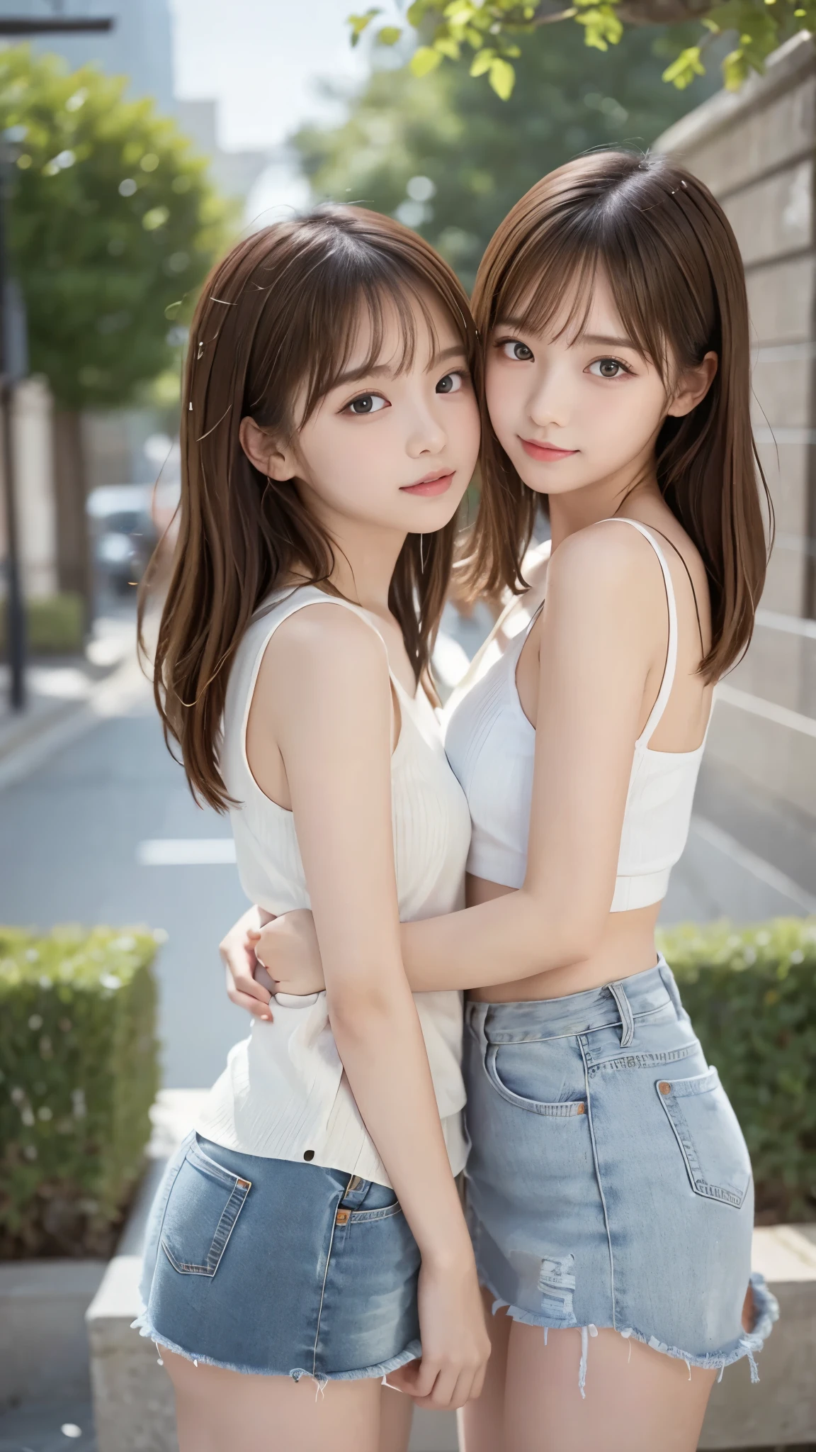 (( two girls kiss)), (denim mini skirt, white panties visible) , thin thighs being updated, Slender body line drawing delicate eyes and face, perfect anatomy, (detailed hands:1.3, perfect right hand:1.2), (( transcendental cute face、 idol face、Baby Face)), (detailed eyes and face:1.2, professional photography techniques), Top Quality、best image quality、greatest masterpiece、reality、Ultra High Definition, (Detailed arms:1.3, Perfectly correct arm:1.3)