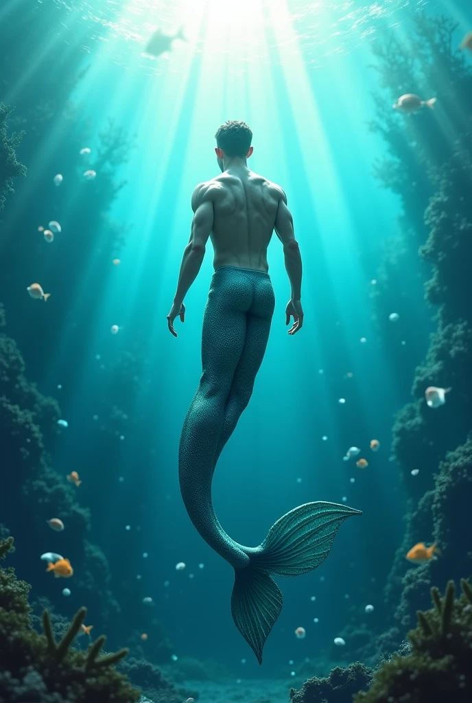 male mermaid, teenager boy, sereio masculine, in the deep sea, with details of the seabed, (highest quallity、tabletop、8k、best quality image、Hyper-Realism) masculine, clothes in silver and blue colors, beautiful mermaid