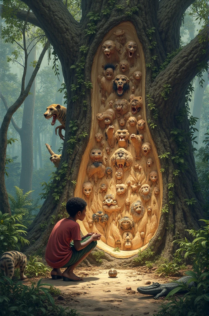 Little children sitting on the grass in a park carving a piece of art into a tree trunk, la sculpture est magnifique
