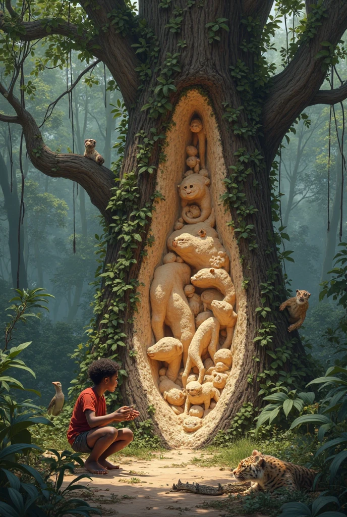 Little children sitting on the grass in a park carving a piece of art into a tree trunk, la sculpture est magnifique et inspirante