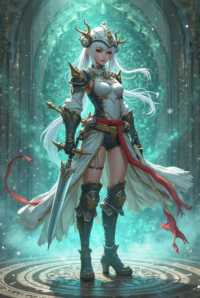Walk on the water,Pretty goddess,Hold a sword in hand,stare into the distance,exquisite curve,soft line。General Gufeng was wearing armor and had a trace of blood on his face,red eyes,Big tits