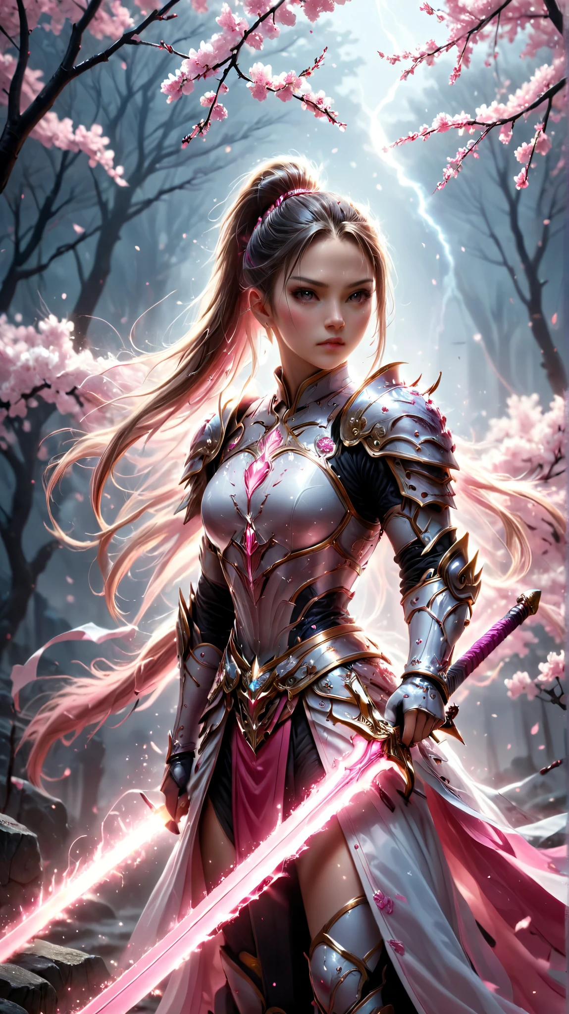 great quality, masterpiece, best quality, Super Detail, Super Detail, super high resolution, perfect anatomy, blurry background, Outdoors,( cherry blossoms:0.6), fog, Studio Lighting, bright foreground , faces viewers,
(pink hybrid white ) armor, woman, holding, ralelektryst sword, ponytail, Shine, Shine, is dazzling,
HKStyle,
very detailed,
