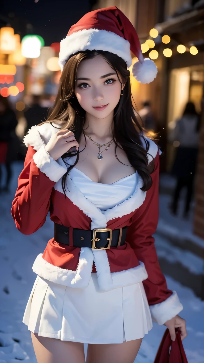 (8K, top-quality, masterpiece:1.3), (realistic, Photorealistic:1.4), Super Detail, One girl, (Highly detailed), (beautifully detailed eyes), (of the highest quality), (super detailed), (Detailed face), 20 years old, full body, medium breasts, clothed, Perfect Lighting, looking at viewer, aroused face, seductive smile, ((Santa costume, necklace, miniskirt, illumination)), night, winter, Christmas, cute, powder snow, outdoor