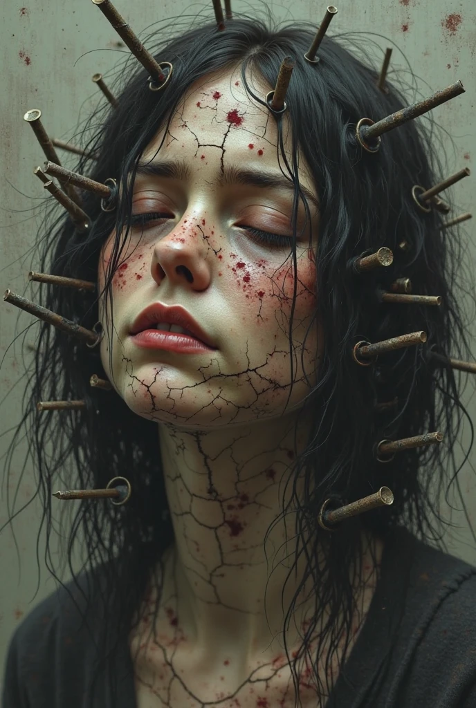 A sad woman suffering from violence with many nails stuck in her face and her face being cracked and with many bruises 